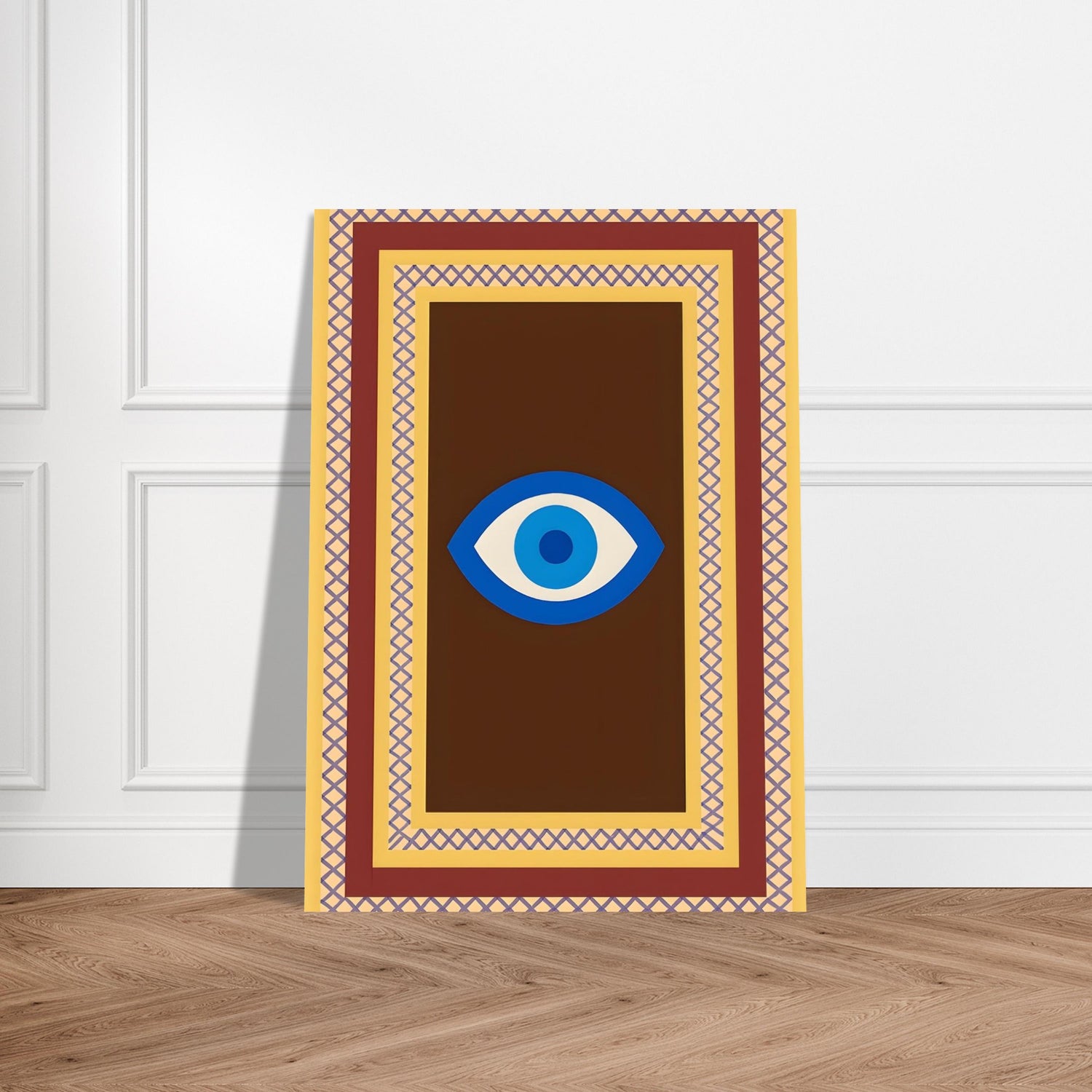 Azure Guardian – Evil Eye Folk Wall Art in Rich Earth Tones (A0, A1,A2, A3. A4 Poster) 50x70 cm 20x28″ Brown with Blue Eye