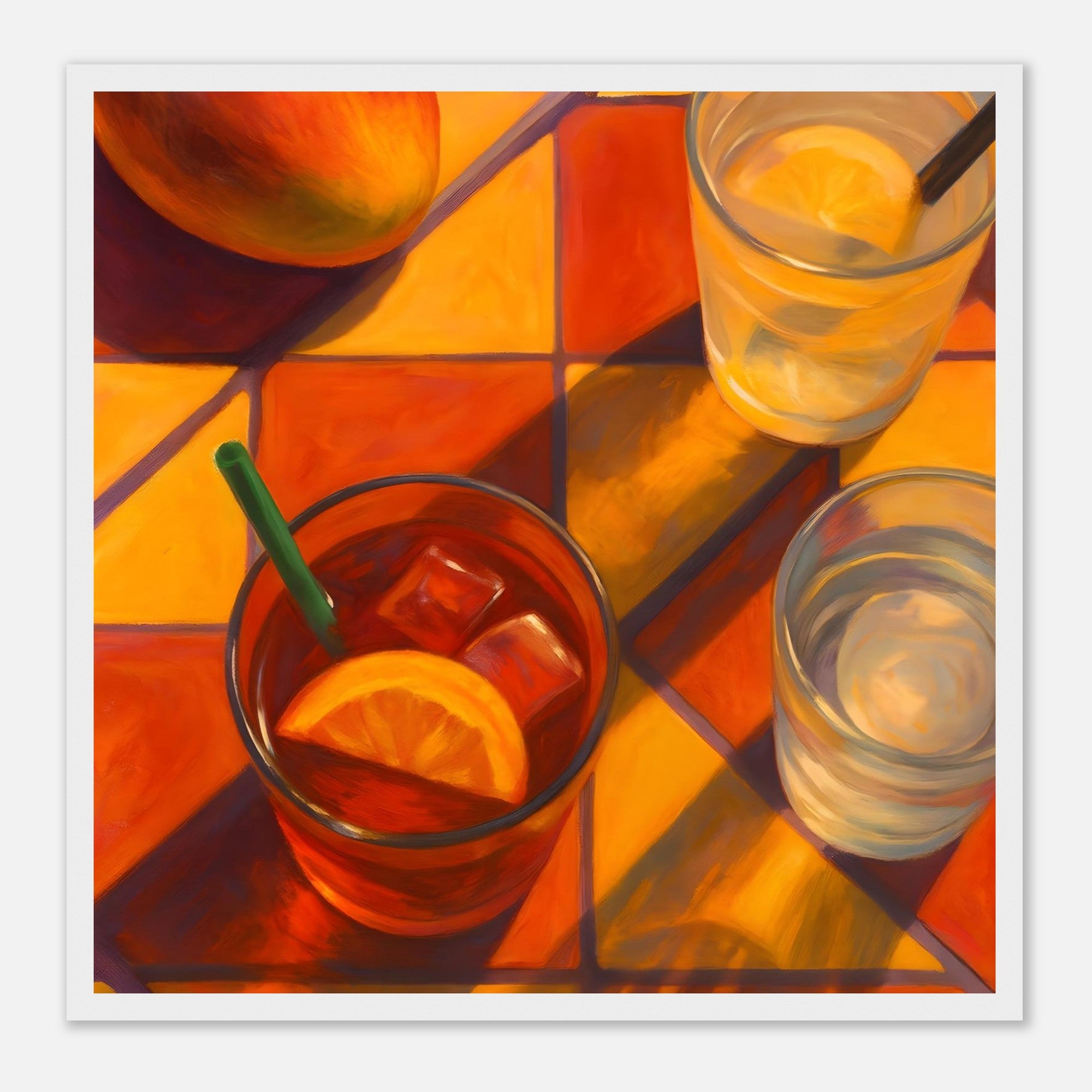 Vibrant Mango & Citrus Still Life Poster - Warm Tile Aesthetic Wall Art - Wooden Framed Poster 40x40 cm 16x16″ White frame