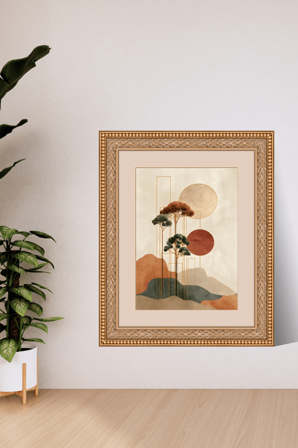 Minimalist Japanese Wall Art - Tranquil Abstract Landscape with Gold Accents