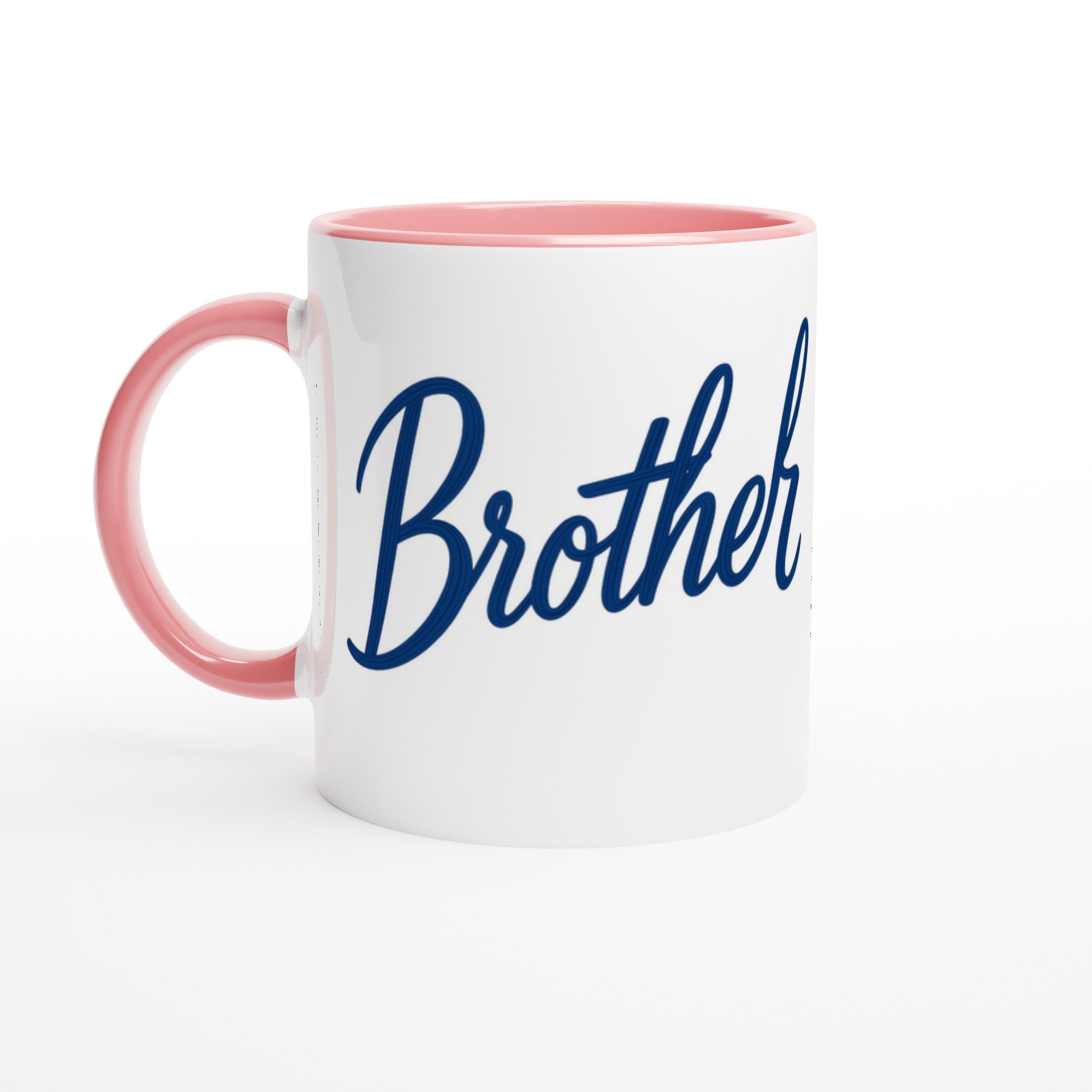 Brother Mug - Blue Brush Script Mug with Heart – Blue Calligraphy 11oz Coffee Cup – Gift for Brother, Birthday or Everyday Surprise Ceramic Pink
