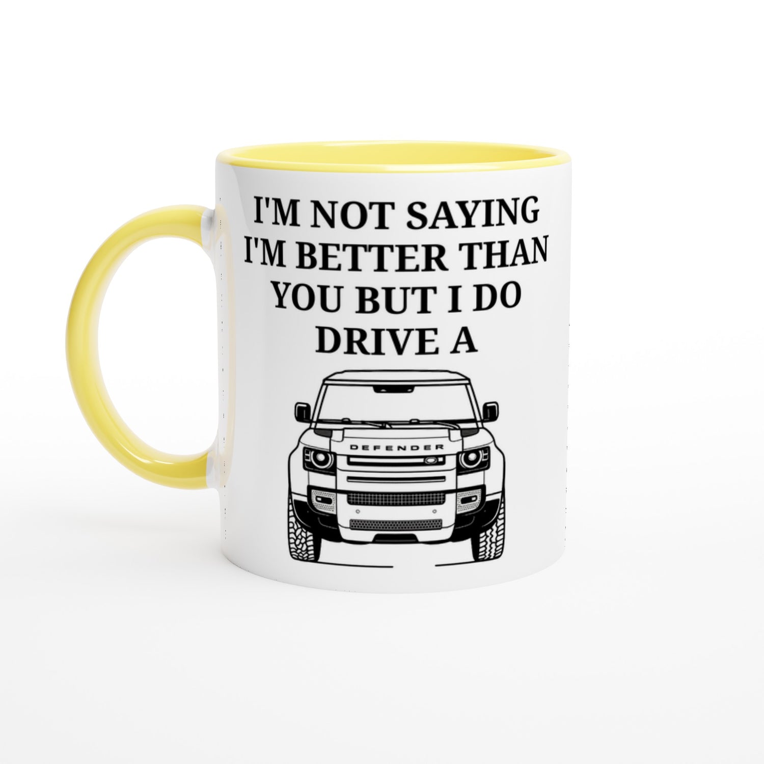 Funny Defender Mug – 11oz Luxury Car Driver Gift, Bold Statement Coffee Cup, Land Rover, Range Rover Lover Gift for Him or Her Ceramic Yellow