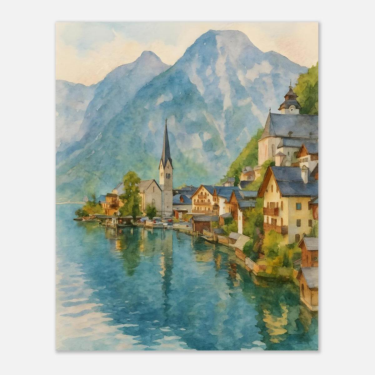 Hallstatt Austria Watercolour Print – Unframed Scenic Travel Poster, Alpine Village Decor 40x50 cm 16x20″