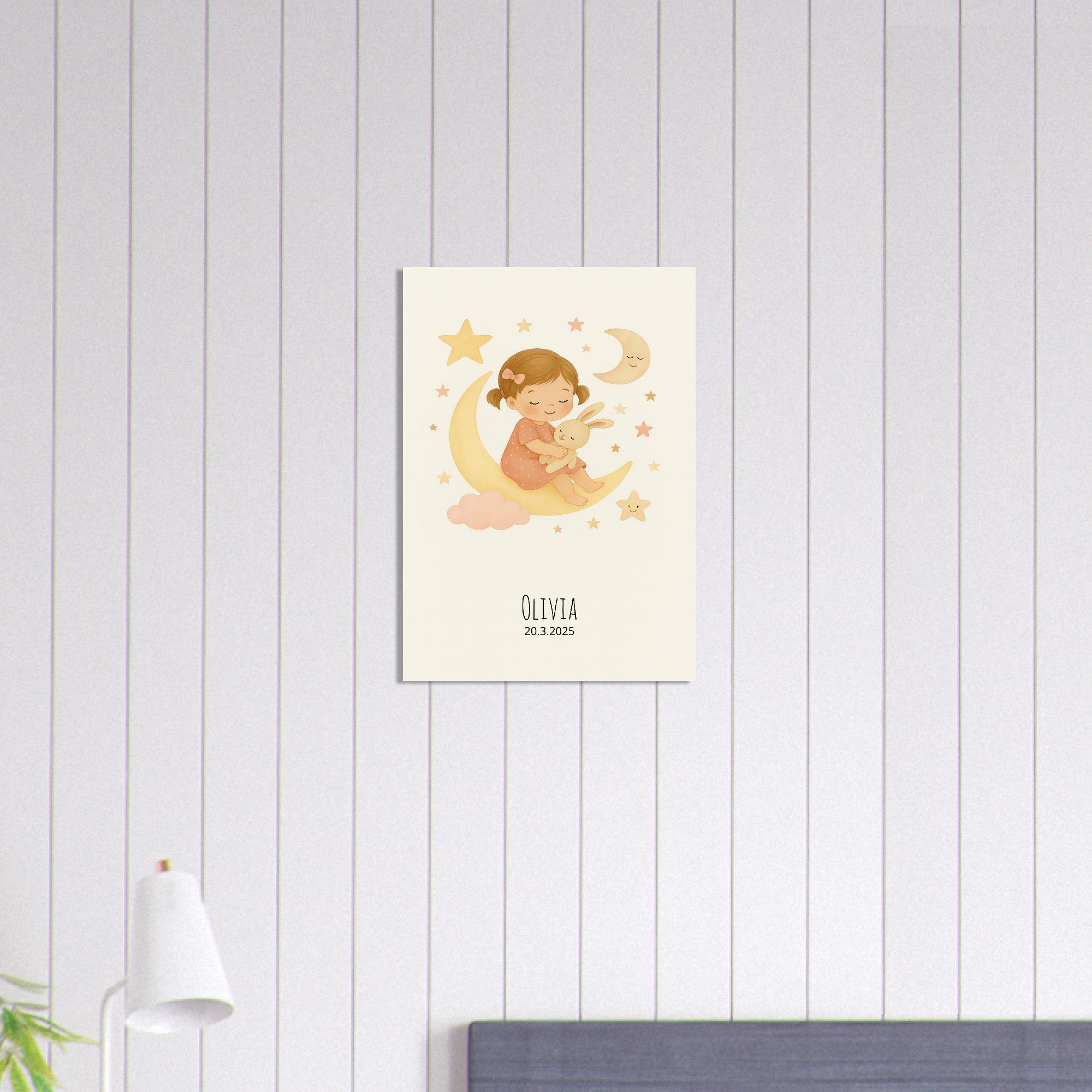 Personalized Baby Girl Nursery Print Poster - Moon, Stars & Teddy Design A2 (42 x 59.4 cm)