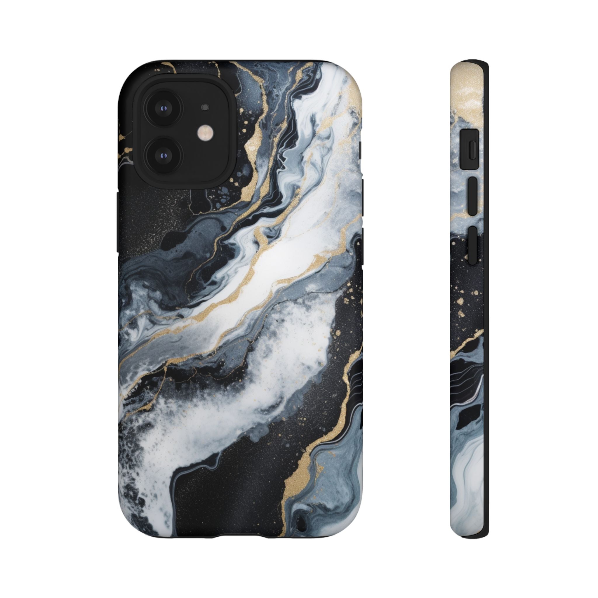 Celestial Marble Phone Case - Black & Gold Swirl Design iPhone 12 Mini Matte