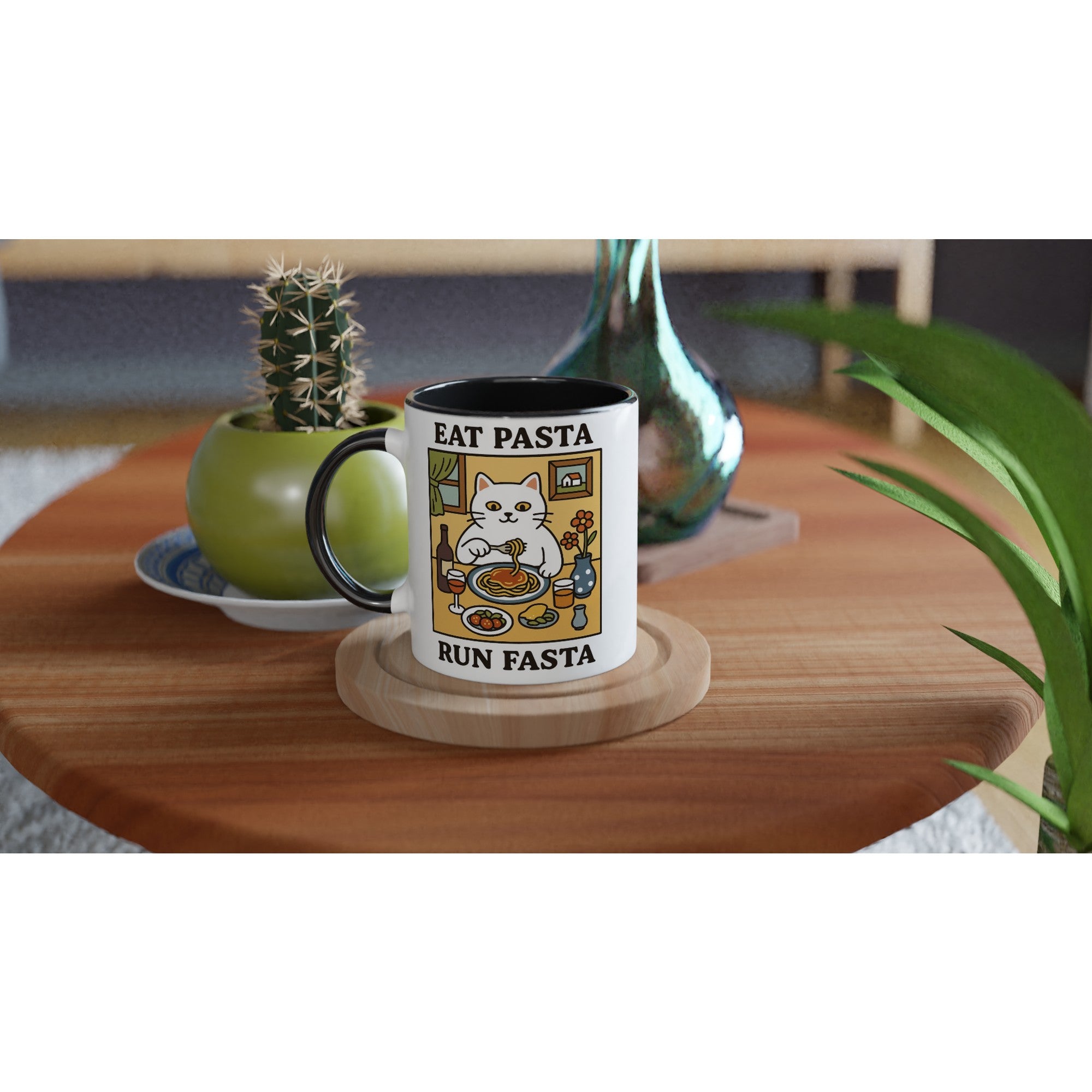 Eat Pasta Run Fasta Mug - Cute Cat Lover Gift - 11oz Ceramic Cup for Coffee & Tea