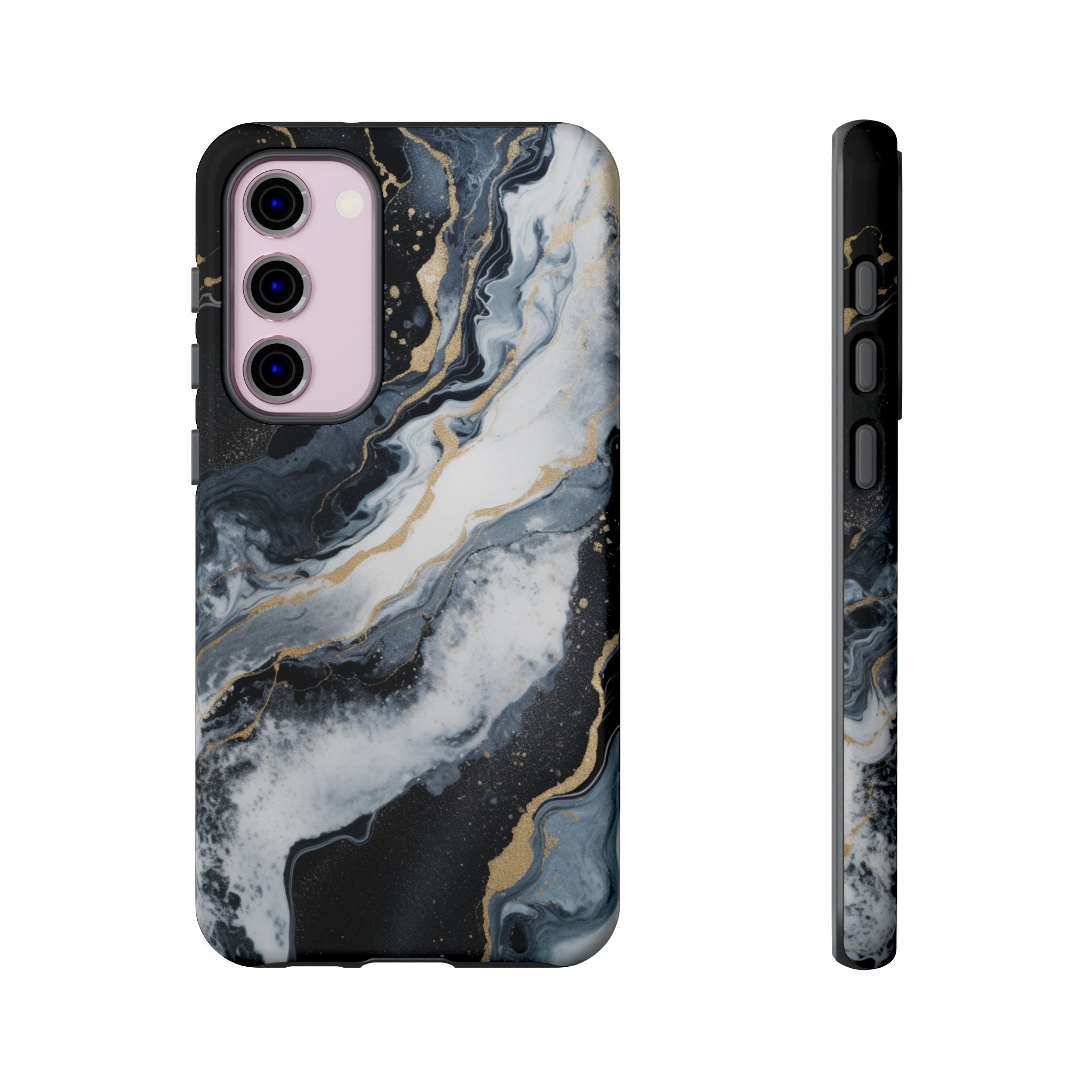 Celestial Marble Phone Case - Black & Gold Swirl Design Samsung Galaxy S23 Plus Glossy