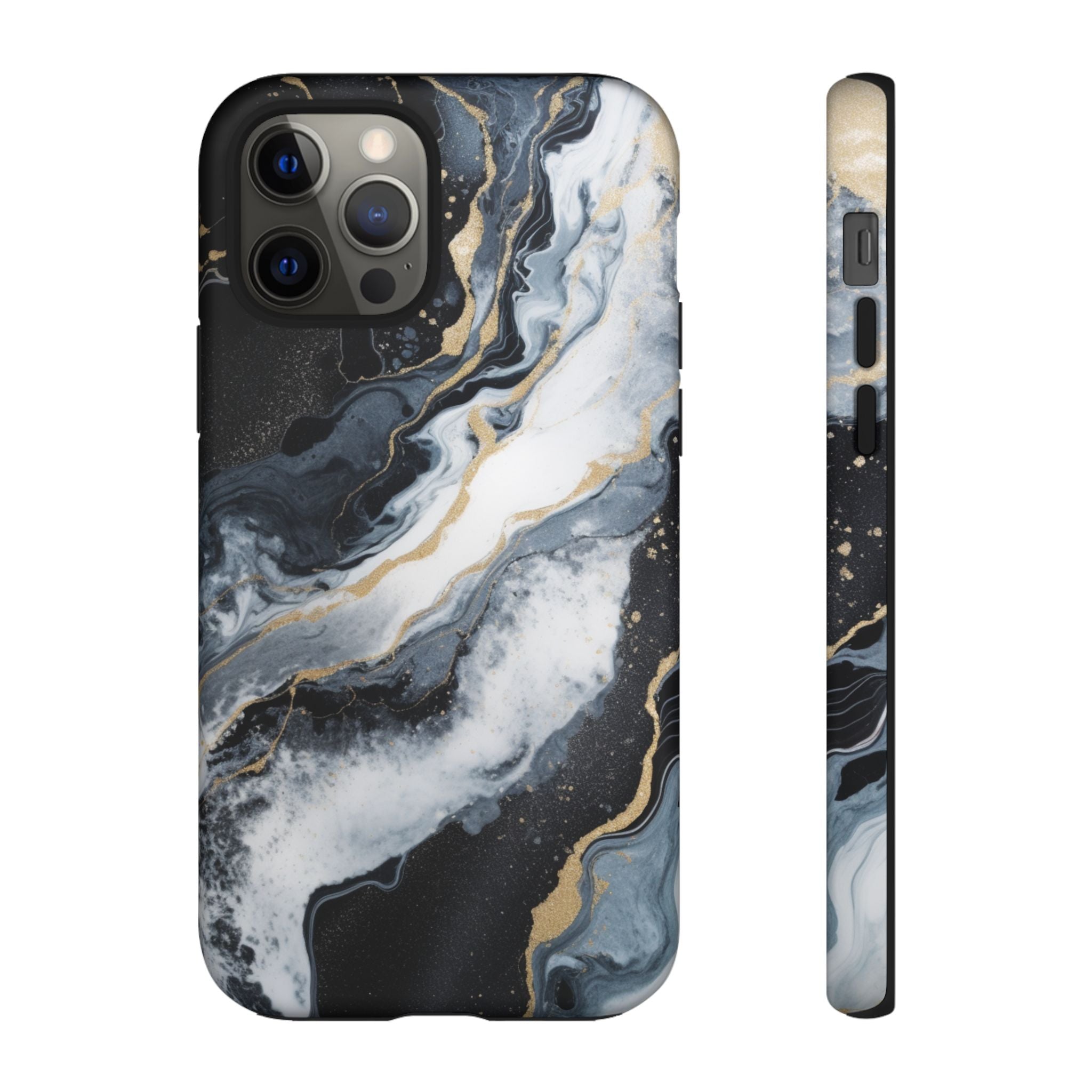 Celestial Marble Phone Case - Black & Gold Swirl Design iPhone 12 Pro Matte