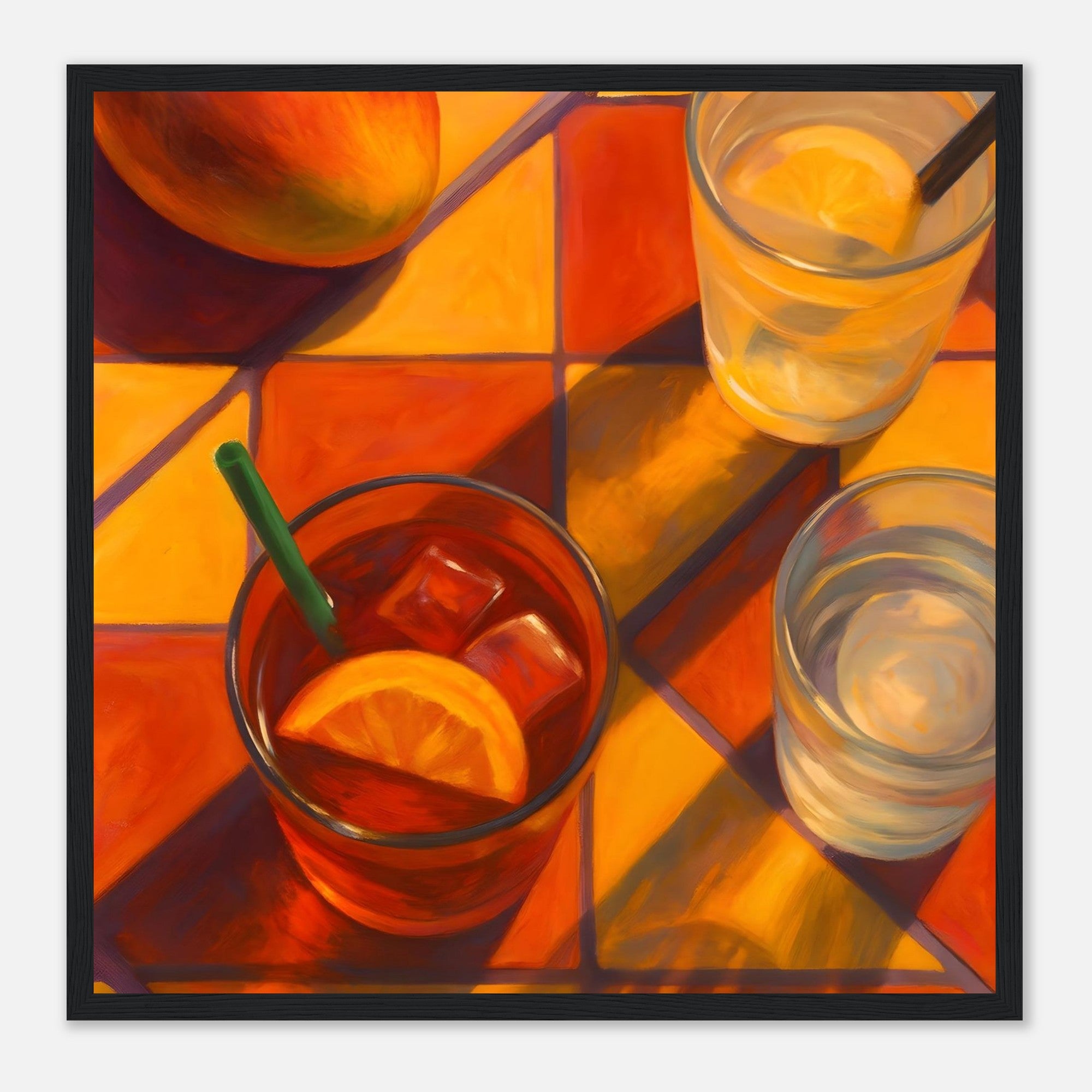 Vibrant Mango & Citrus Still Life Poster - Warm Tile Aesthetic Wall Art - Wooden Framed Poster 40x40 cm 16x16″ Black frame