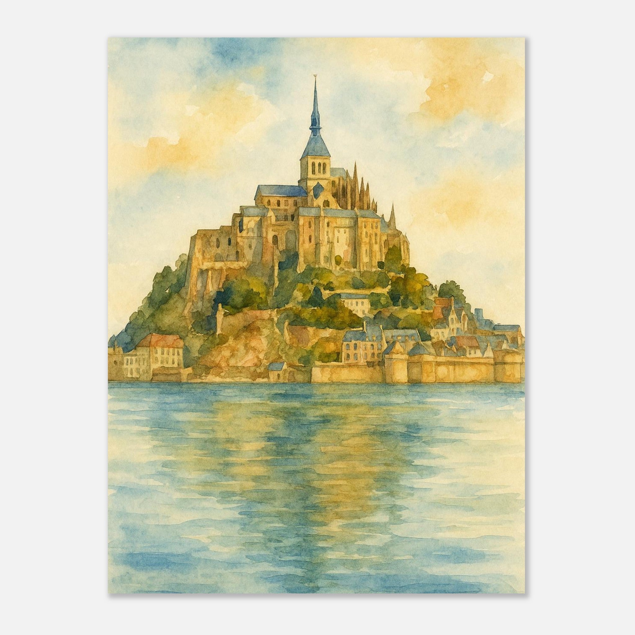 Mont Saint Michel France Coastal Monastery Watercolour Print – Unframed Travel Wall Art, Home Decor 30x40 cm 12x16″
