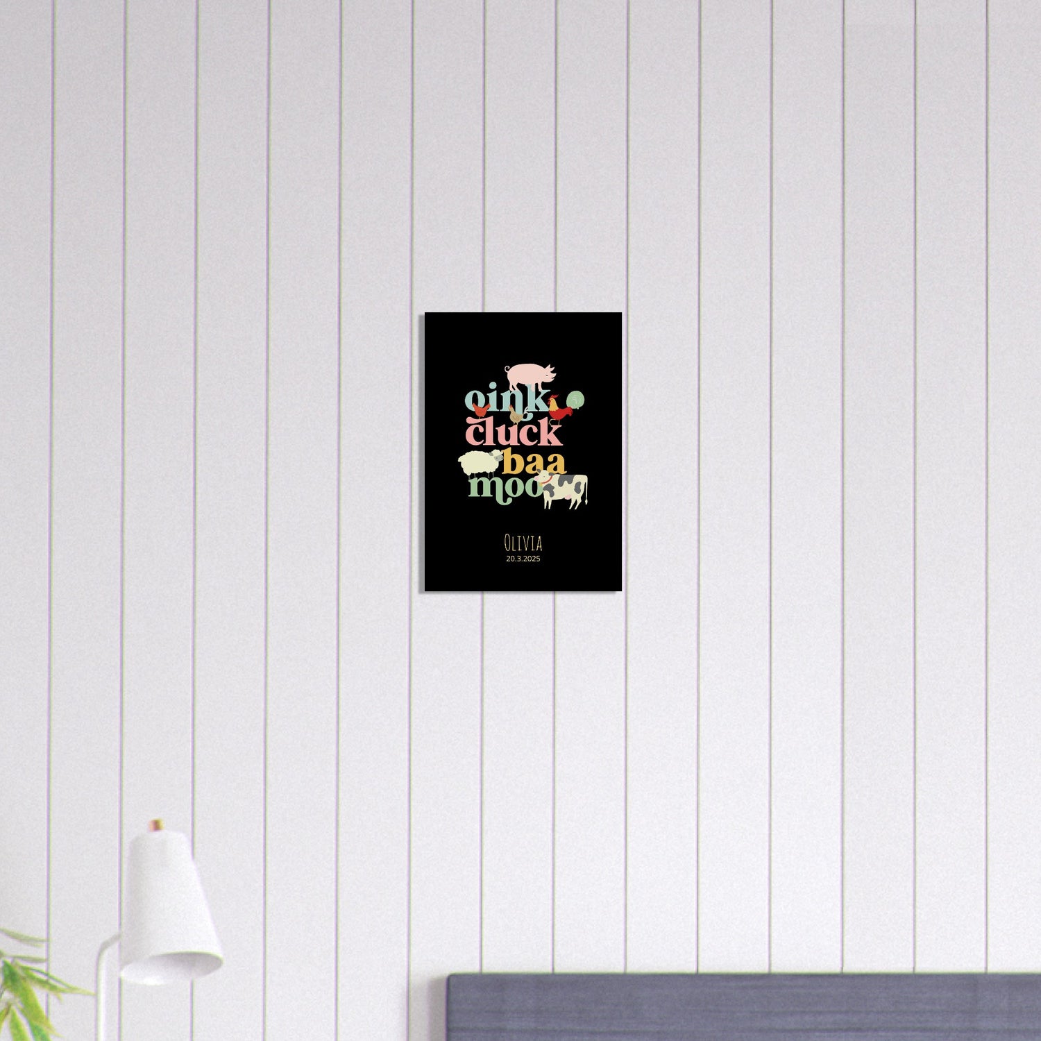 Oink Cluck Baa Moo Personalized Farm Print - Cute Nursery Wall Art Poster - Black A3 (29.7 x 42 cm)
