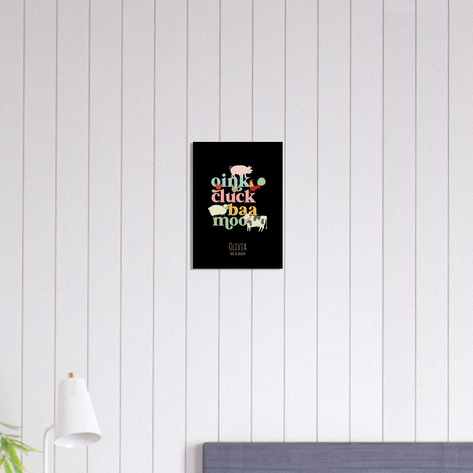 Oink Cluck Baa Moo Personalized Farm Print - Cute Nursery Wall Art Poster - Black A3 (29.7 x 42 cm)
