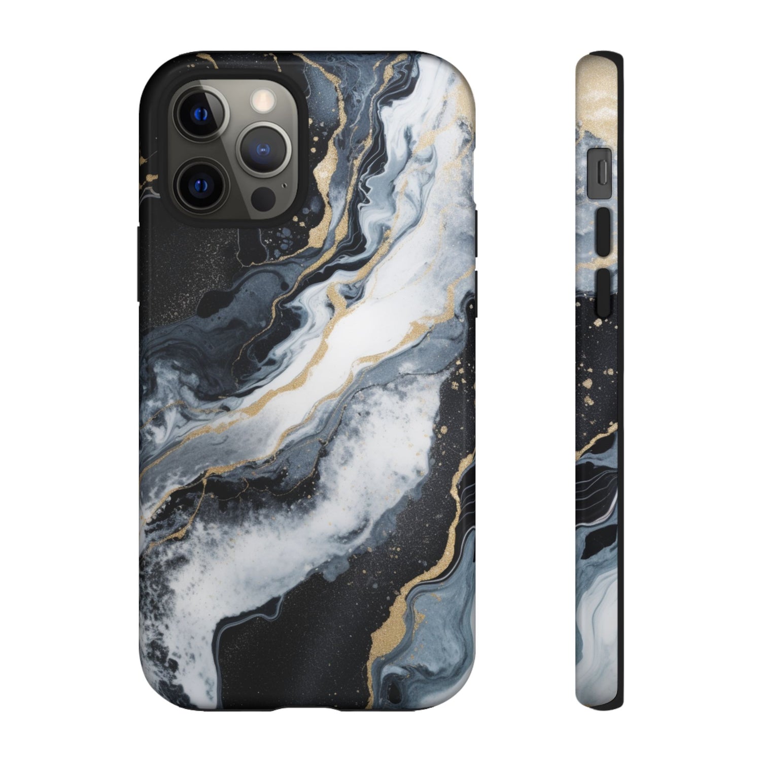 Celestial Marble Phone Case - Black & Gold Swirl Design iPhone 12 Pro Glossy