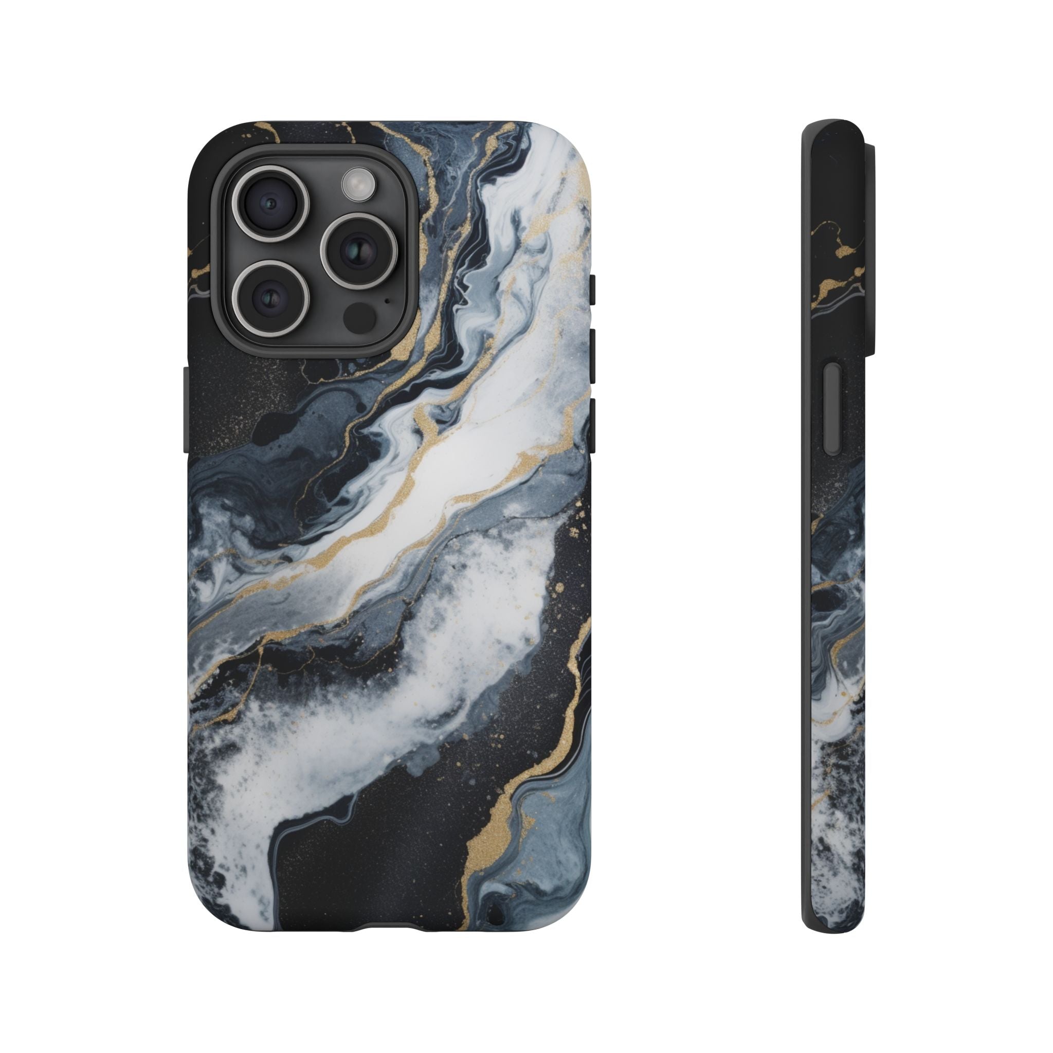 Celestial Marble Phone Case - Black & Gold Swirl Design iPhone 15 Pro Max Matte