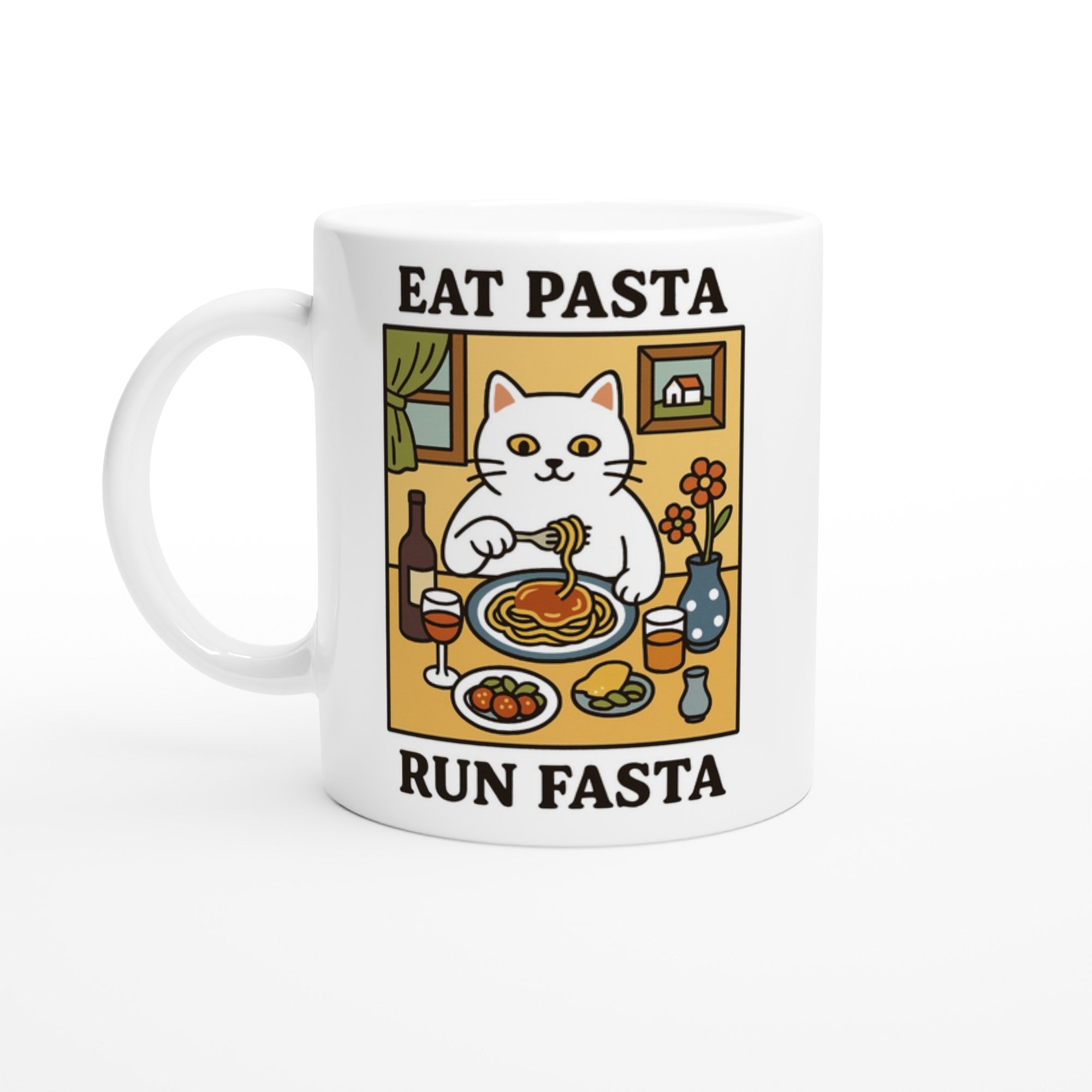 Eat Pasta Run Fasta Mug - Cute Cat Lover Gift - 11oz Ceramic Cup for Coffee & Tea Ceramic White