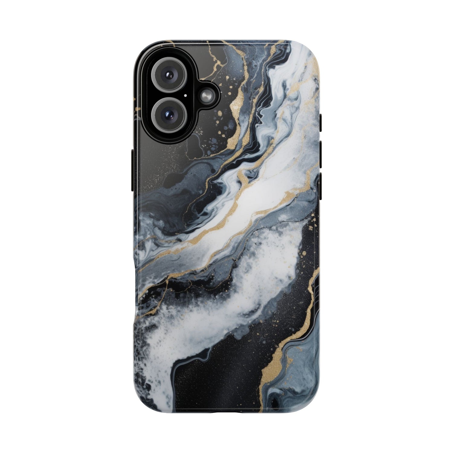 Celestial Marble Phone Case - Black & Gold Swirl Design iPhone 16 Plus Glossy