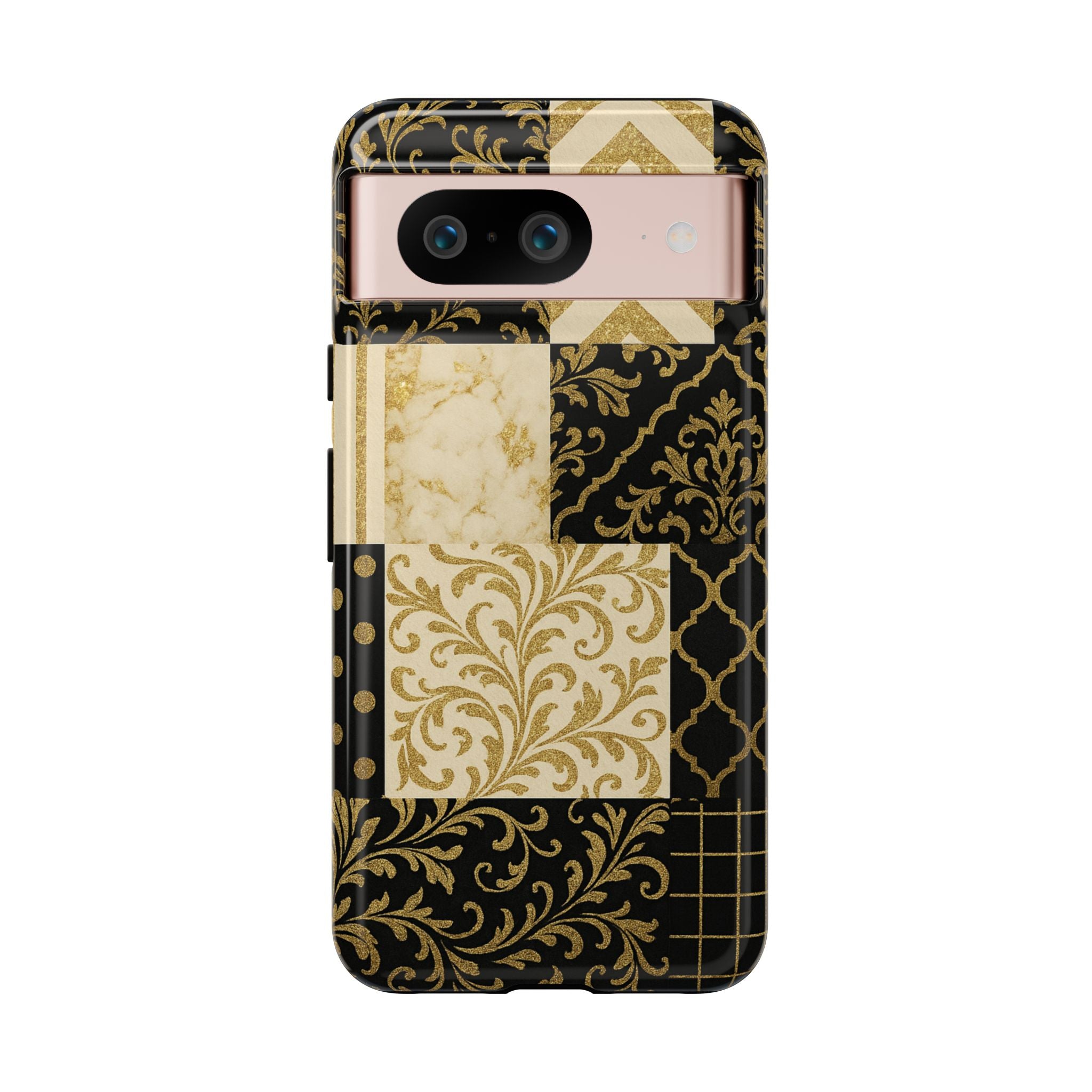 Phone Case, Luxury Black and Gold Festive Design for Christmas Gift, Holiday Decor, Tough Cases, Winter Celebration, Elegant iPhone Cover Google Pixel 8 Glossy