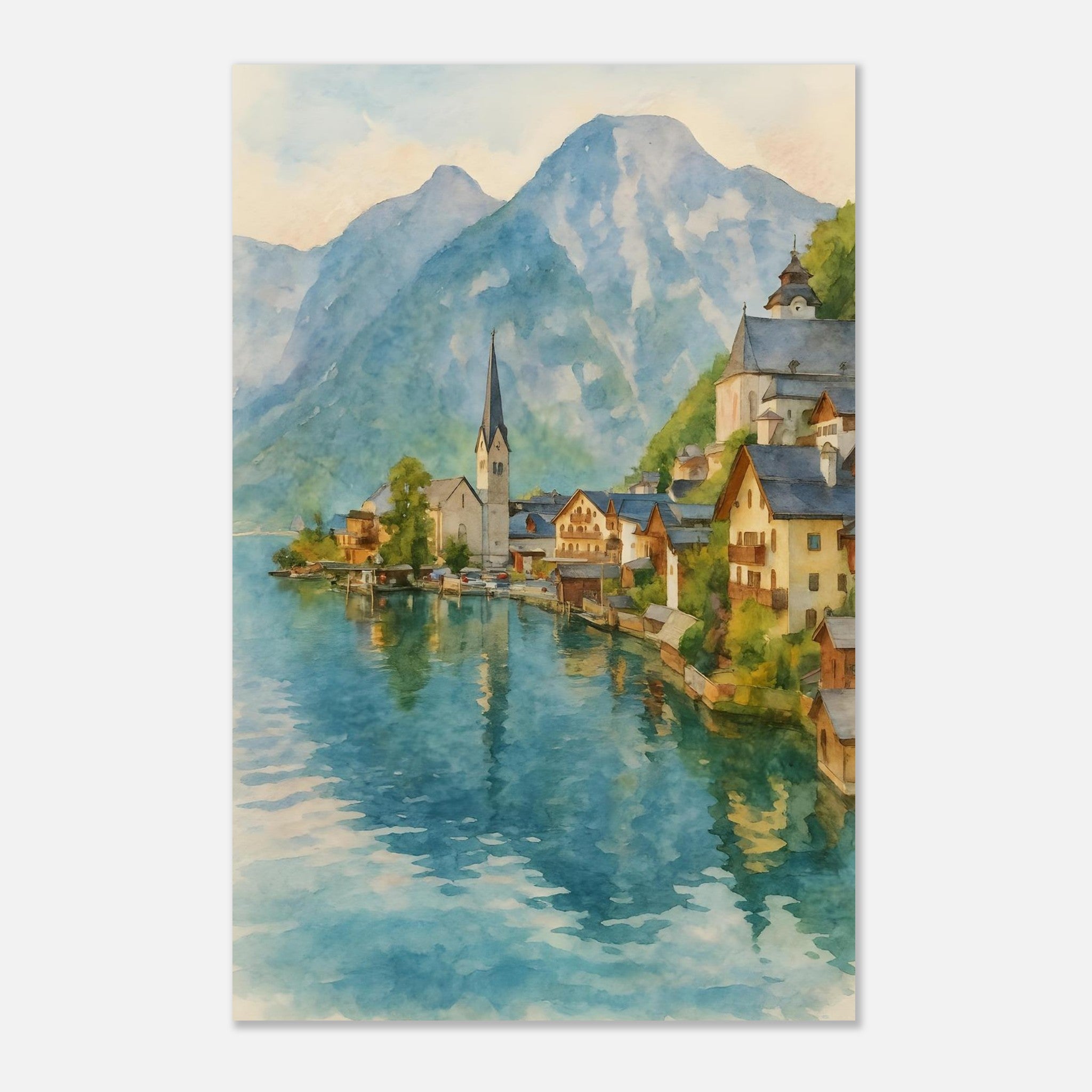 Hallstatt Austria Watercolour Print – Unframed Scenic Travel Poster, Alpine Village Decor 28x43 cm XL (11x17″)