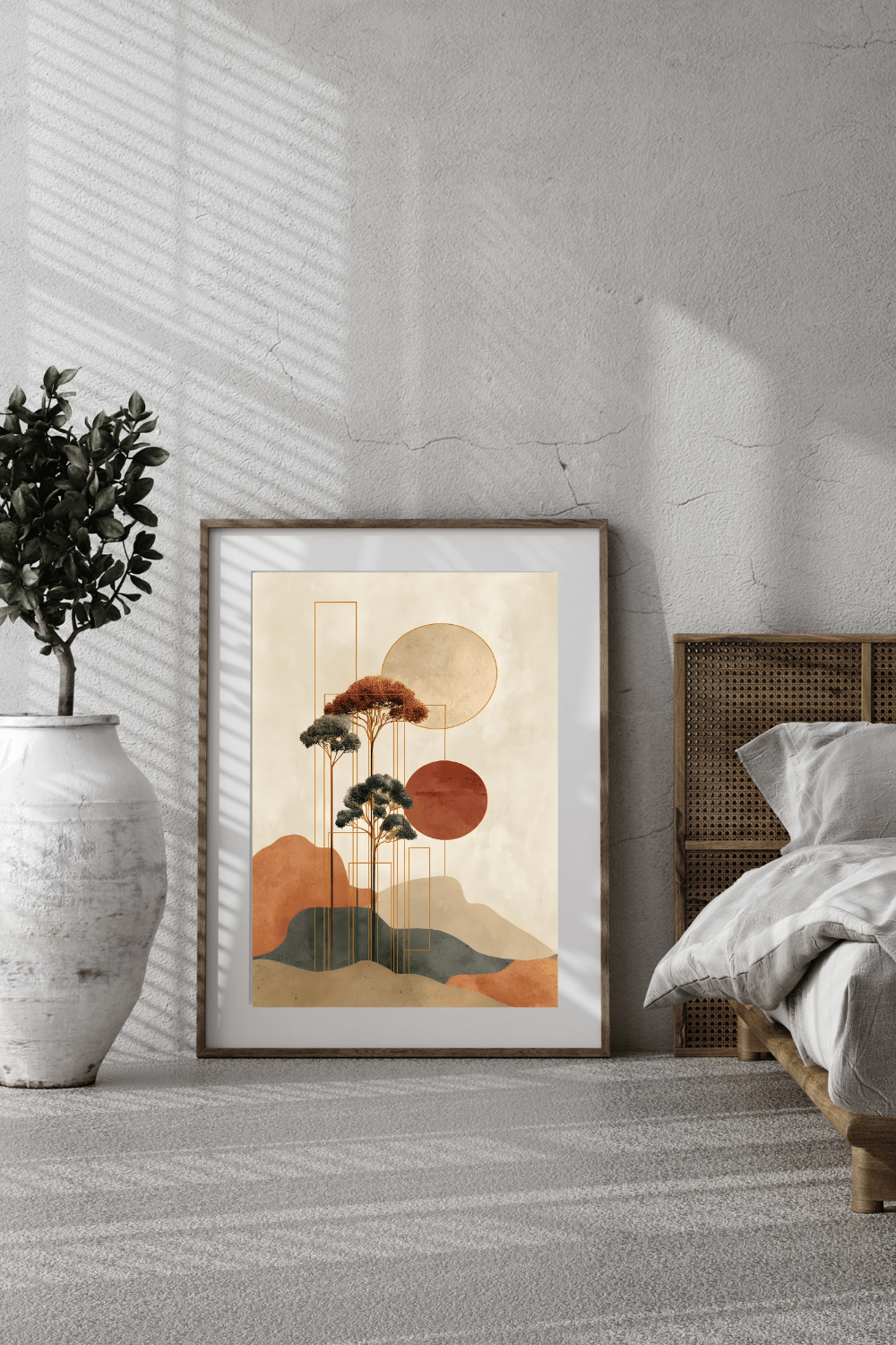 Minimalist Japanese Wall Art - Tranquil Abstract Landscape with Gold Accents