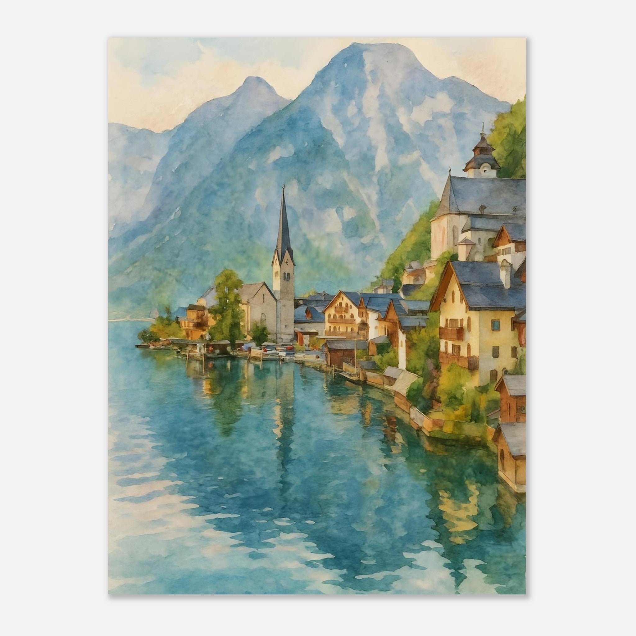 Hallstatt Austria Watercolour Print – Unframed Scenic Travel Poster, Alpine Village Decor 30x40 cm 12x16″