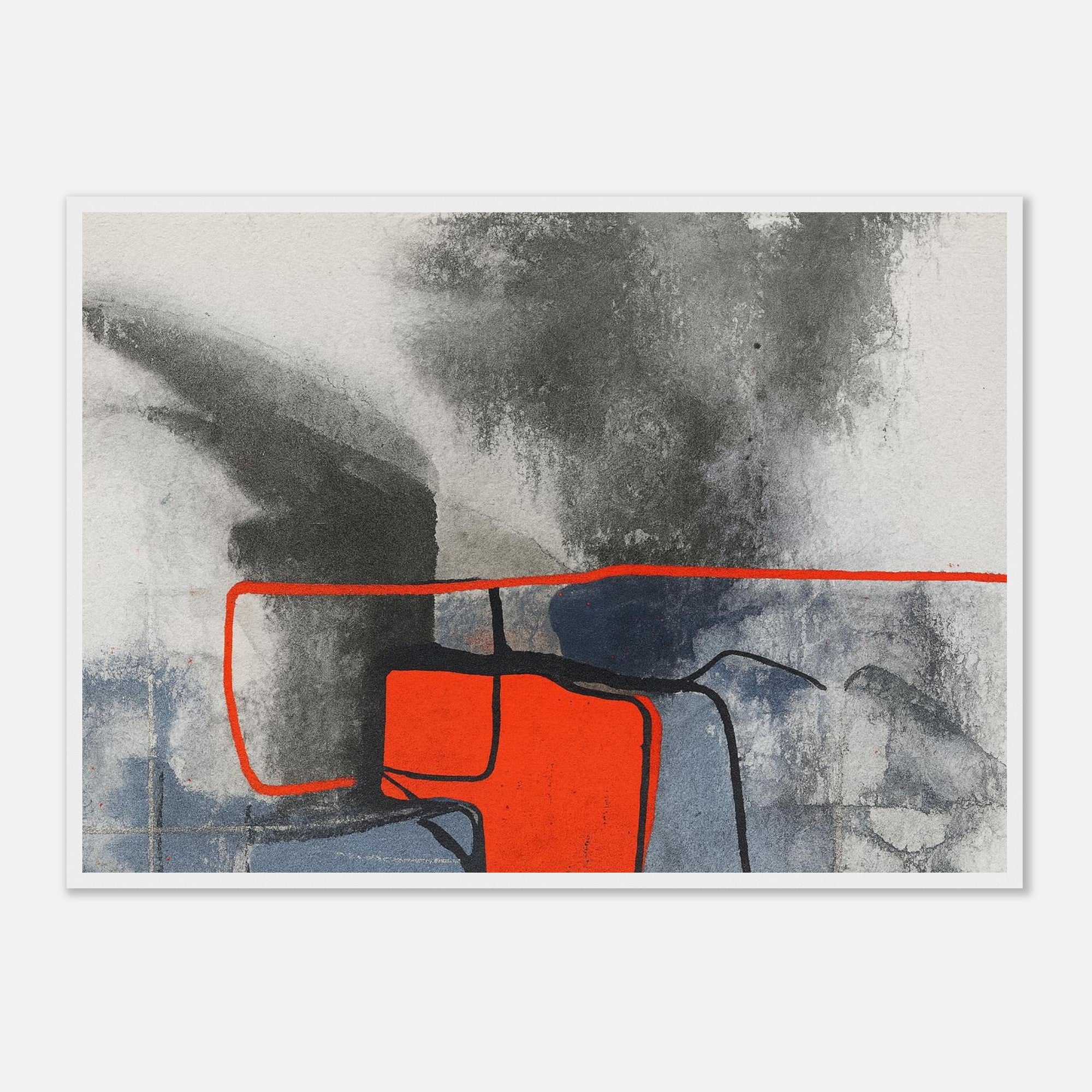 Urban Ember – Abstract Expressionist Print with Red Accents, Modern Art Poster, Moody Watercolor - Matte Wooden Framed 50x70 cm 20x28″ White frame