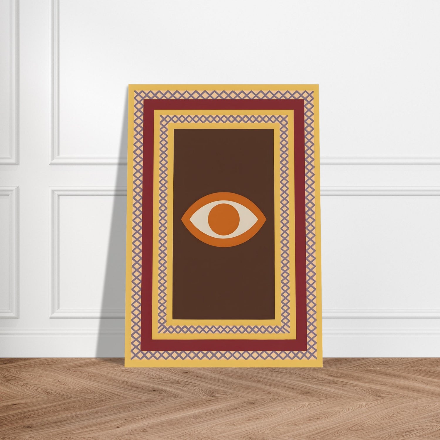 Azure Guardian – Evil Eye Folk Wall Art in Rich Earth Tones (A0, A1,A2, A3. A4 Poster) 70x100 cm 28x40″ Brown with Orange Eye