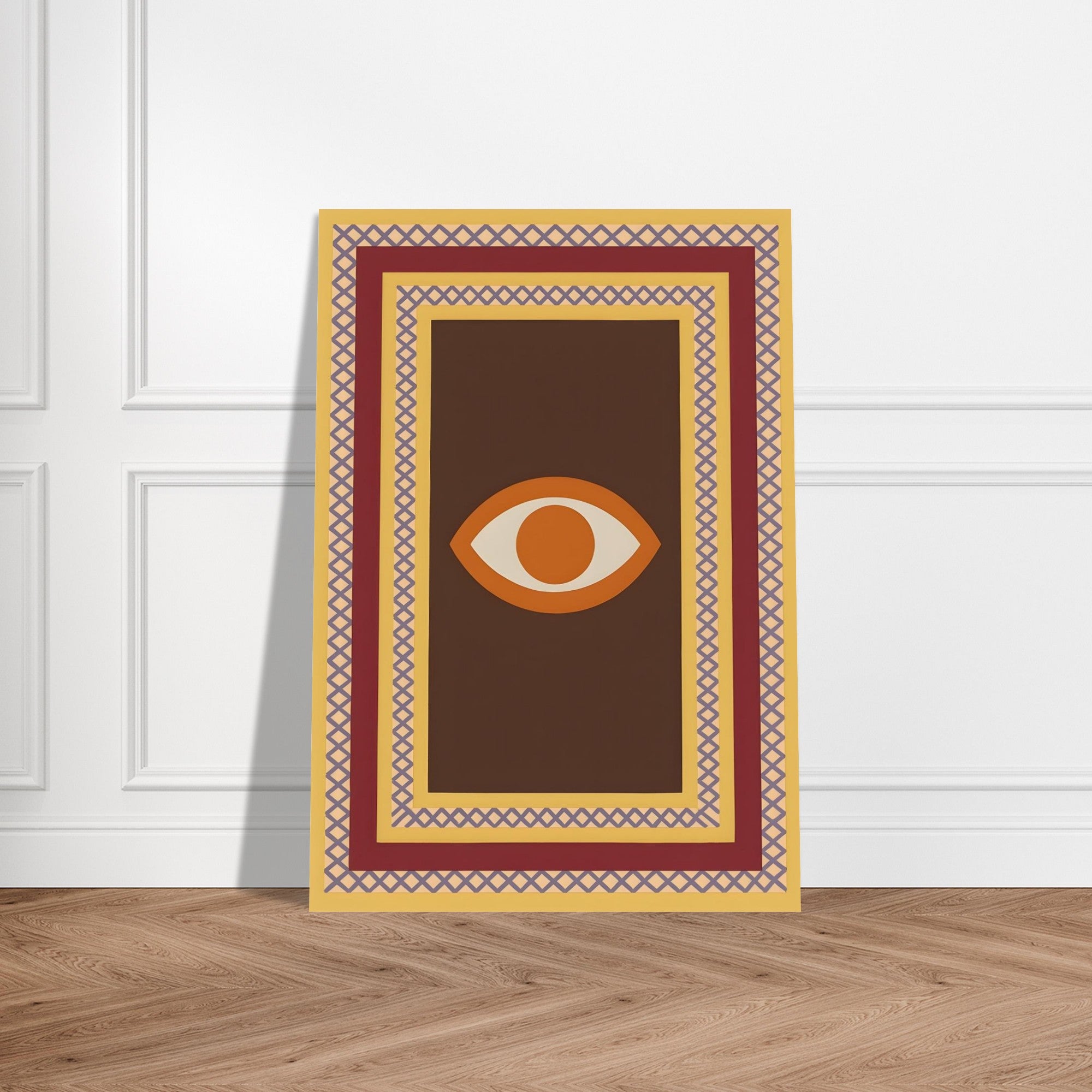 Azure Guardian – Evil Eye Folk Wall Art in Rich Earth Tones (A0, A1,A2, A3. A4 Poster) 70x100 cm 28x40″ Brown with Orange Eye