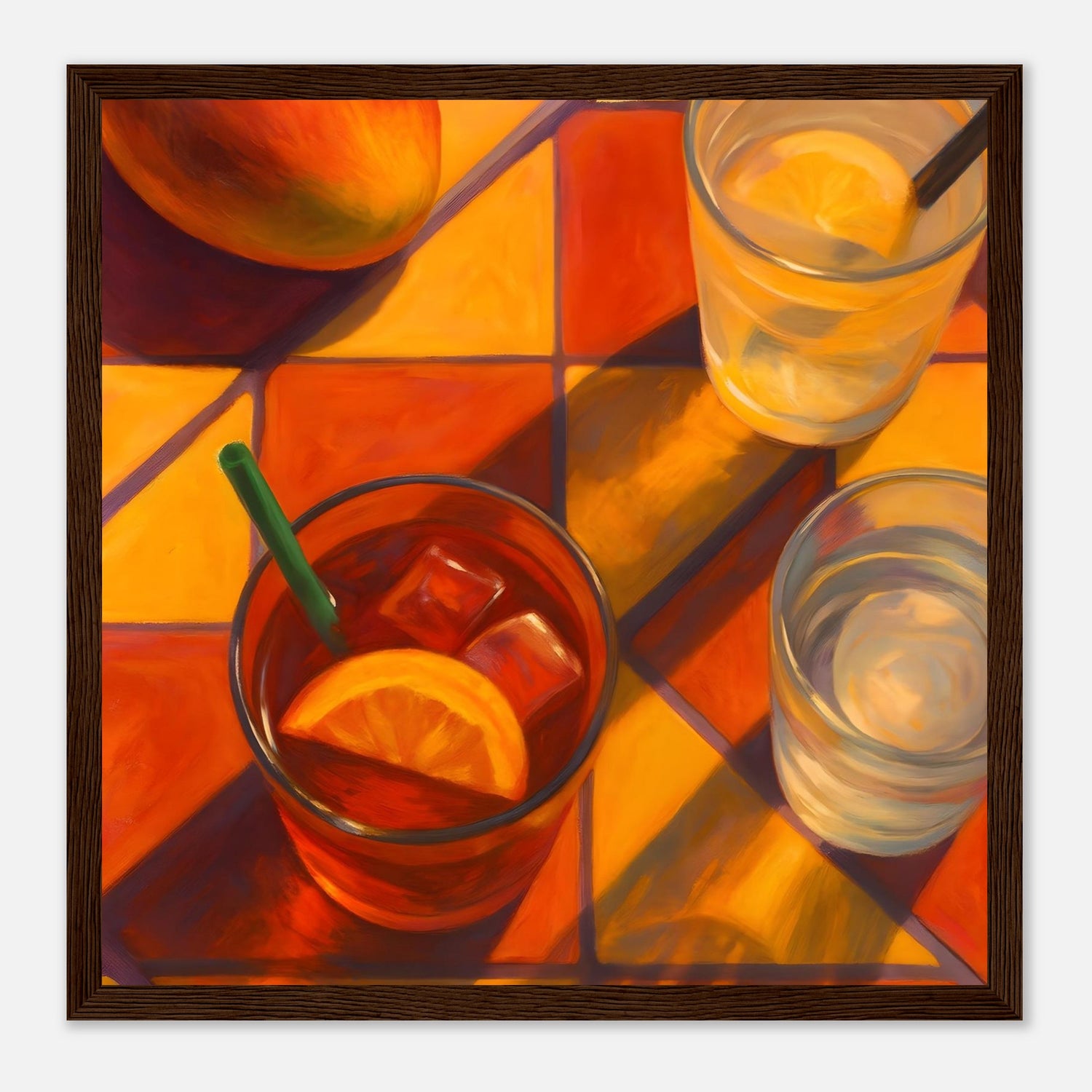 Vibrant Mango & Citrus Still Life Poster - Warm Tile Aesthetic Wall Art - Wooden Framed Poster 30x30 cm 12x12″ Dark wood frame