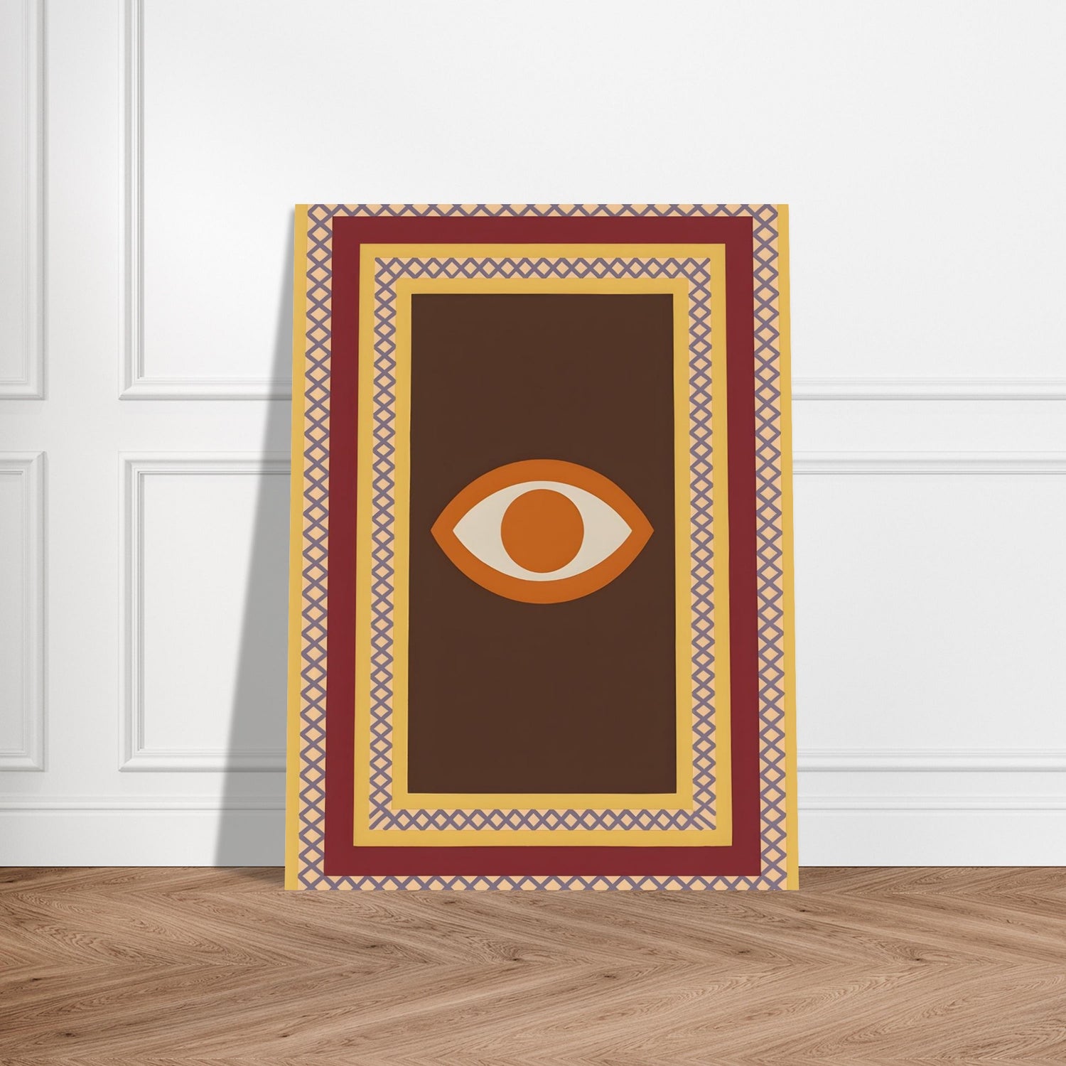Azure Guardian – Evil Eye Folk Wall Art in Rich Earth Tones (A0, A1,A2, A3. A4 Poster) 30x40 cm 12x16″ Brown with Orange Eye