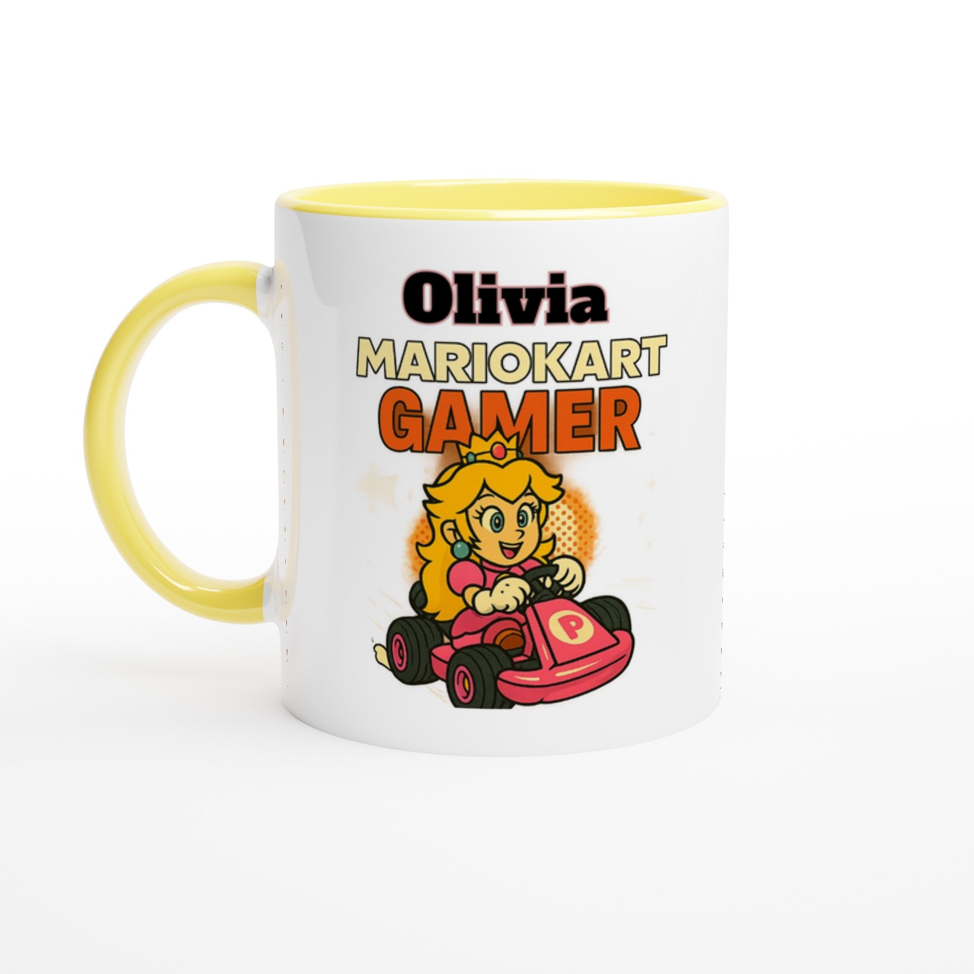 Personalized Mario Kart Gamer Mug - Princess Peach Mug - Funny Gift for Gamers - 11oz Ceramic Coffee Cup Ceramic Yellow