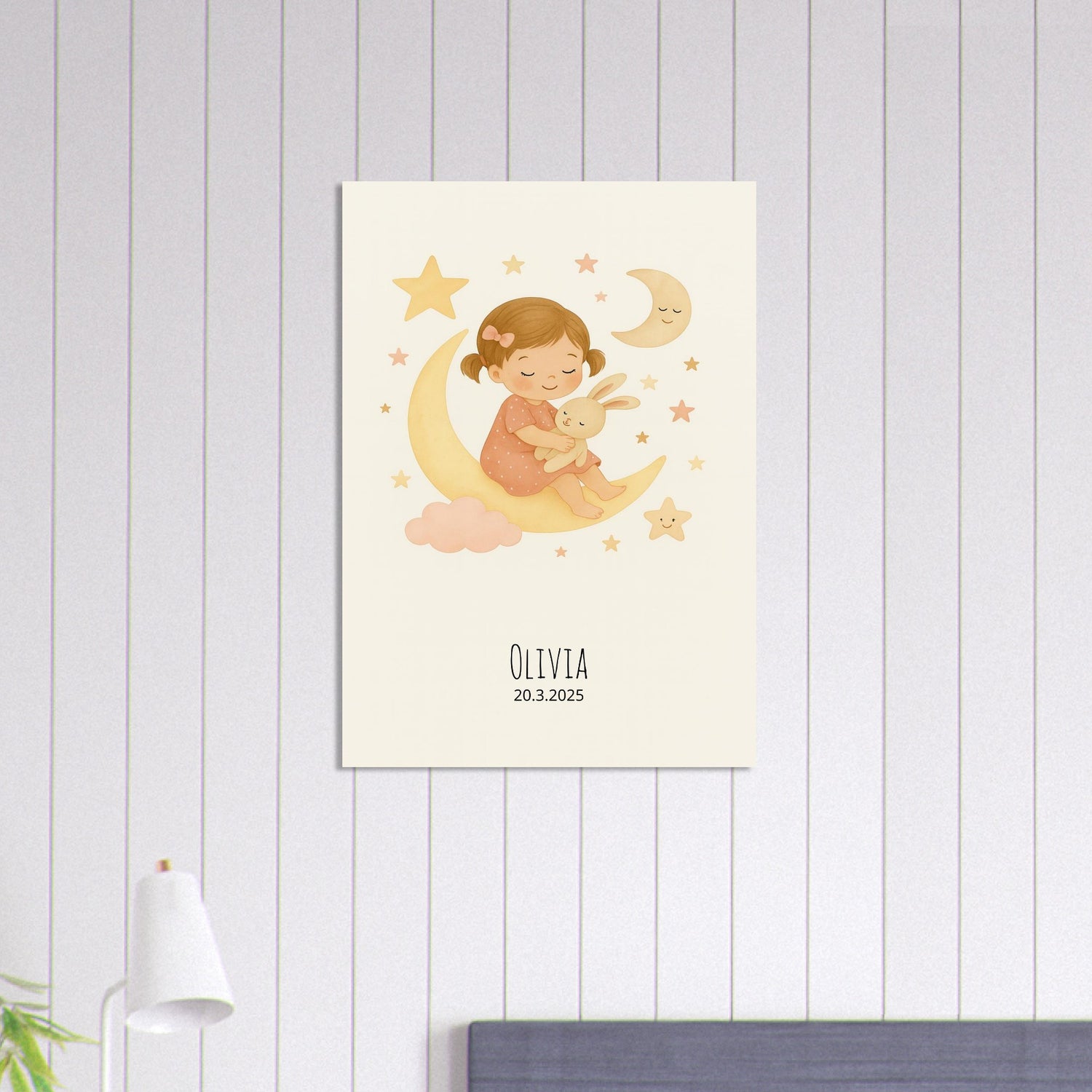 Personalized Baby Girl Nursery Print Poster - Moon, Stars & Teddy Design A1 (59.4 x 84.1 cm)