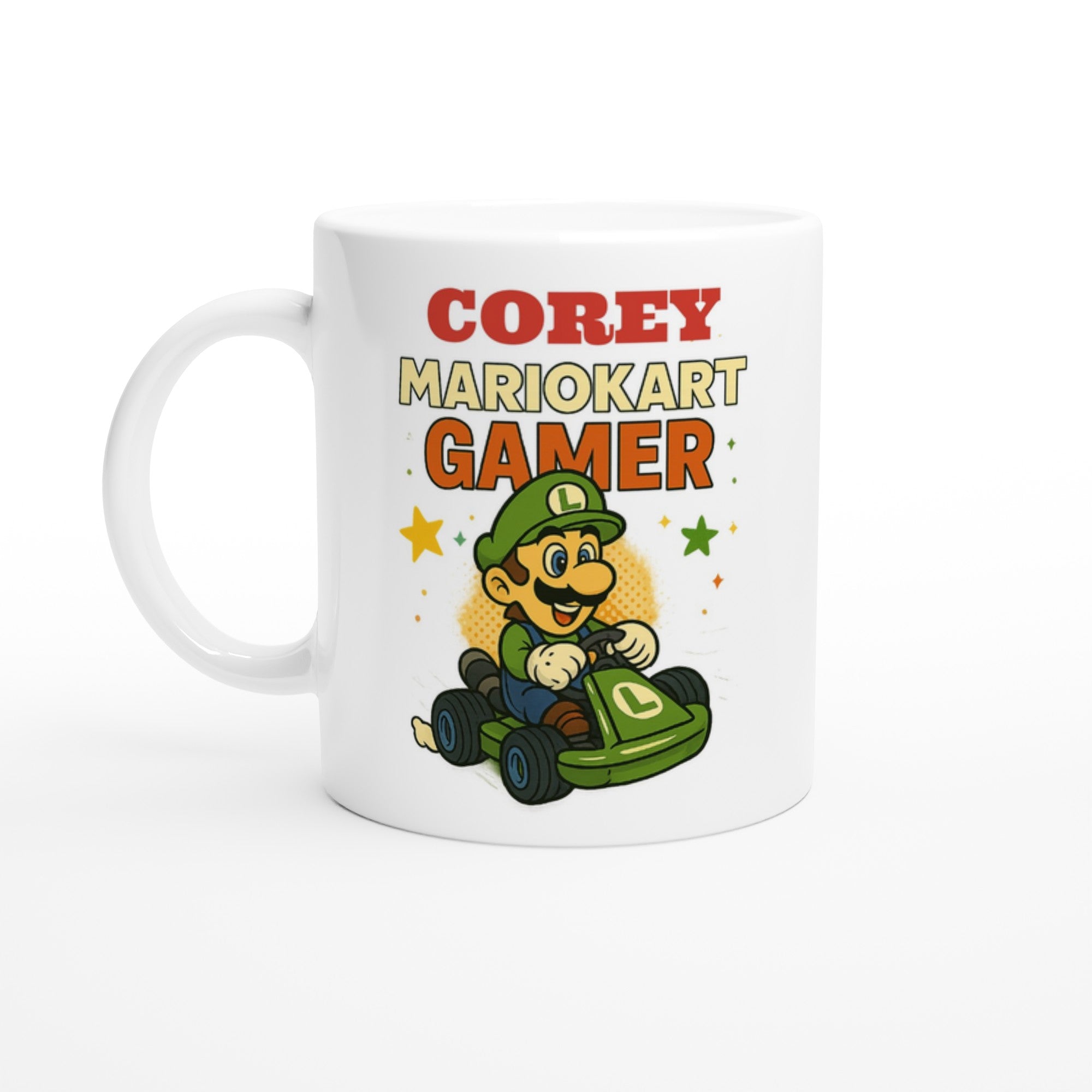 Personalized Mario Kart Gamer Mug - Luigi Mug - Funny Gift for Gamers - 11oz Ceramic Coffee Cup Ceramic White