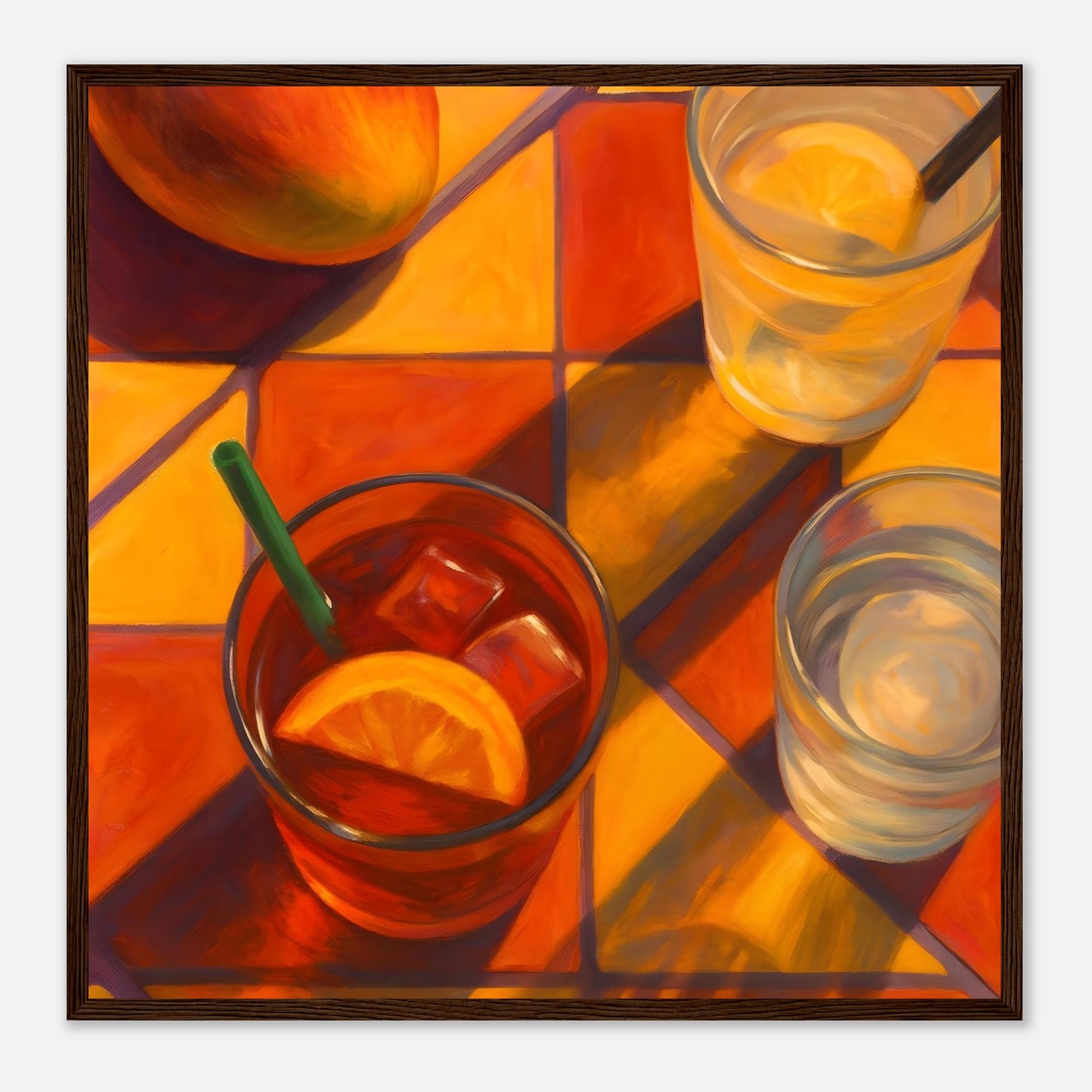 Vibrant Mango & Citrus Still Life Poster - Warm Tile Aesthetic Wall Art - Wooden Framed Poster 50x50 cm 20x20″ Dark wood frame