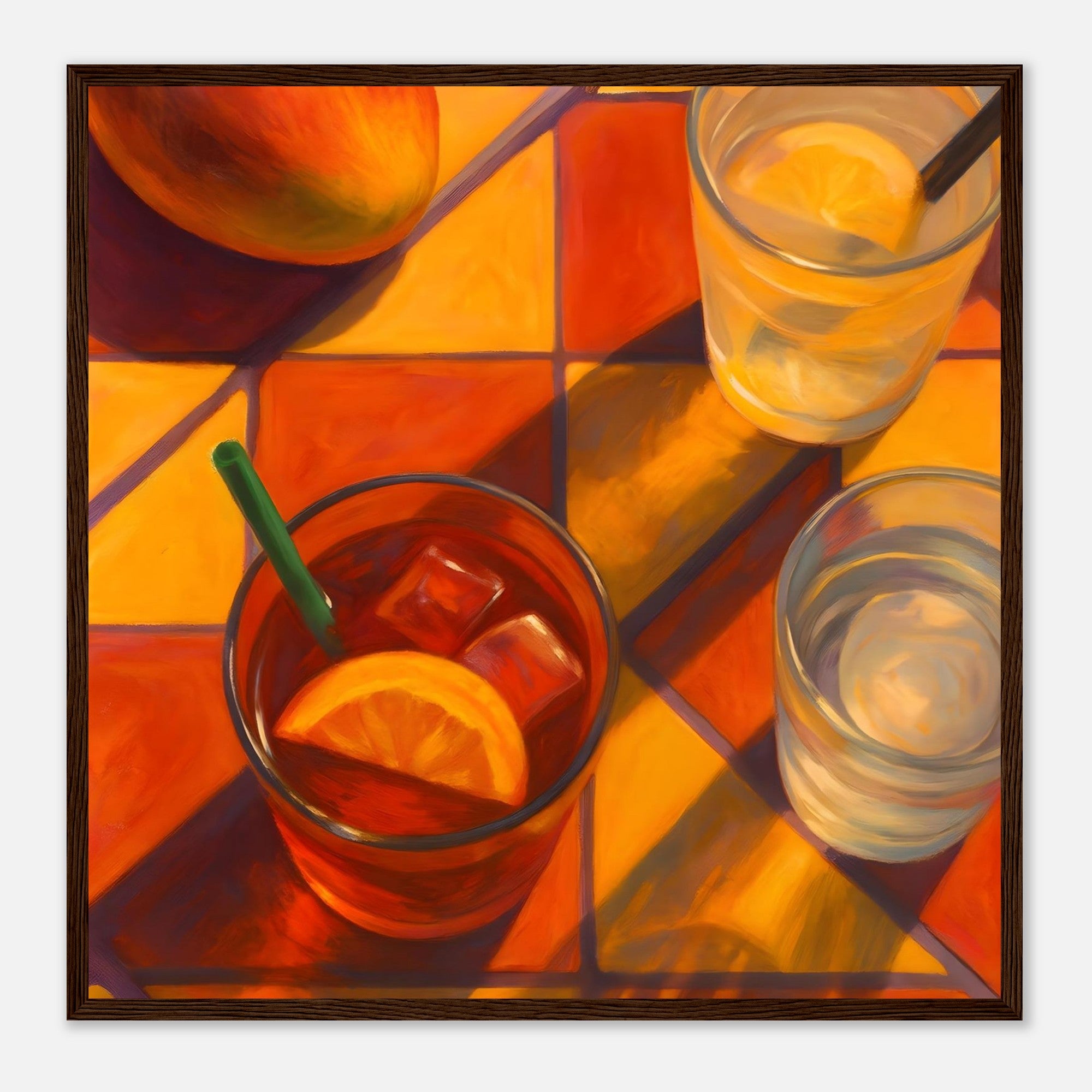 Vibrant Mango & Citrus Still Life Poster - Warm Tile Aesthetic Wall Art - Wooden Framed Poster 50x50 cm 20x20″ Dark wood frame