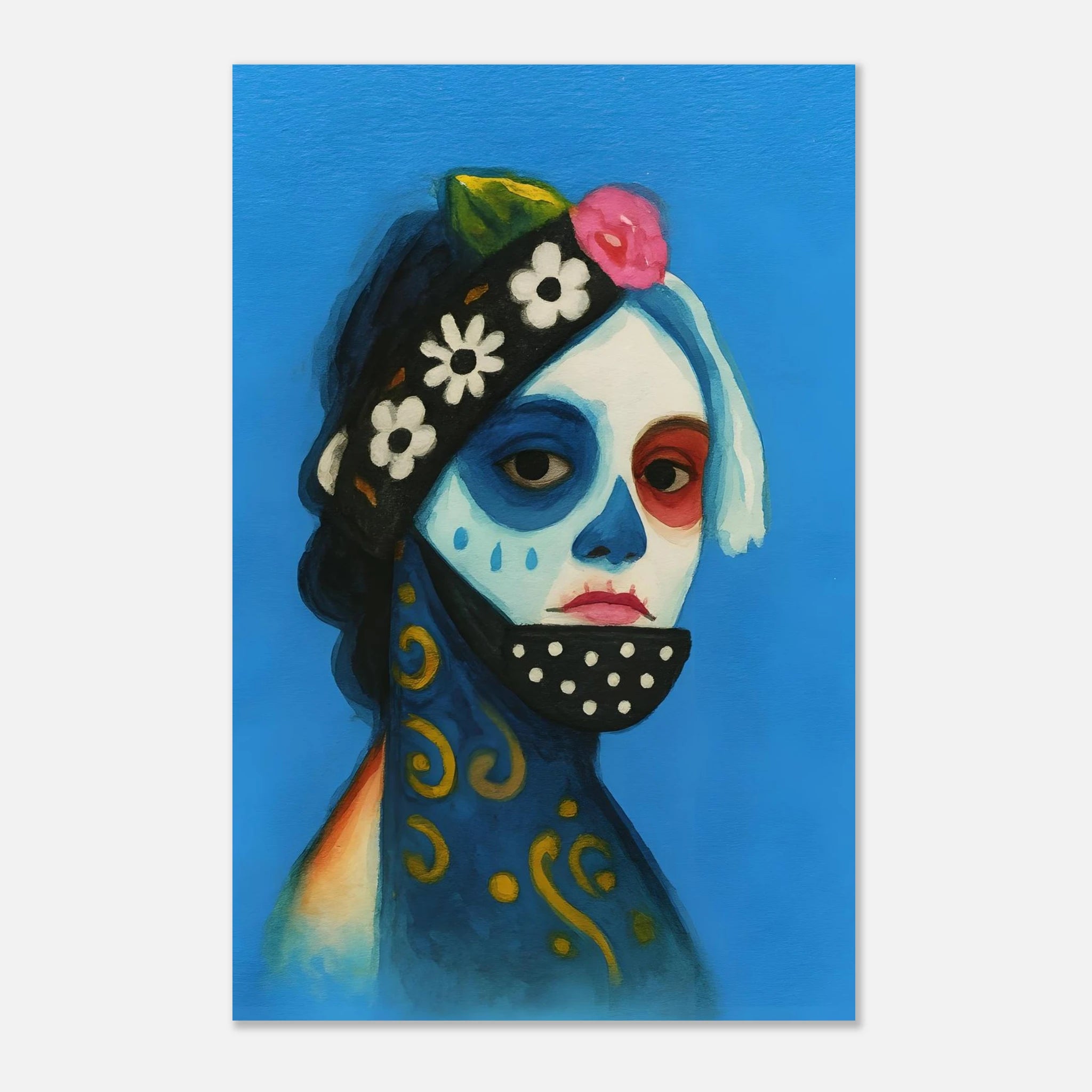 Day of the Dead Watercolor Portrait, Día de los Muertos Masked Woman Wall Art, Mexican Folk Art A3 Print, Skeleton Face Painting Poster 28x43 cm XL (11x17″)
