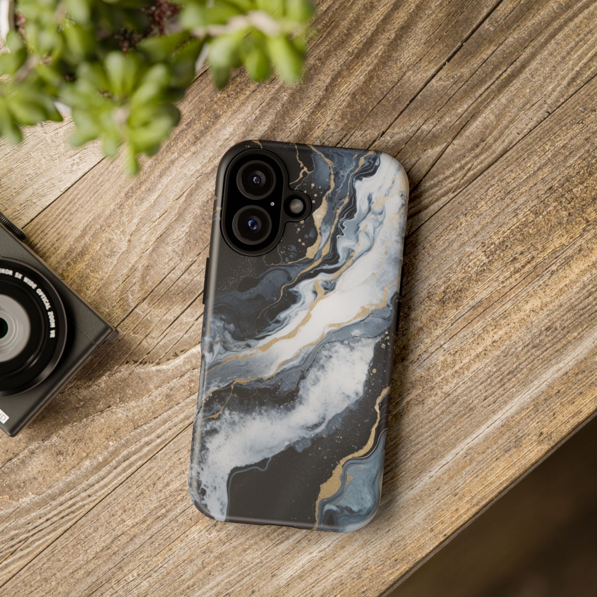 Celestial Marble Phone Case - Black & Gold Swirl Design