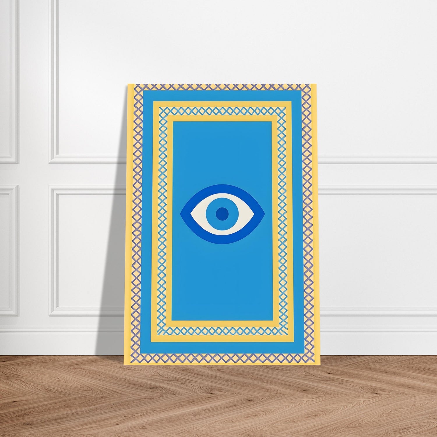 Azure Guardian – Evil Eye Folk Wall Art in Rich Earth Tones (A0, A1,A2, A3. A4 Poster) 70x100 cm 28x40″ All Blue