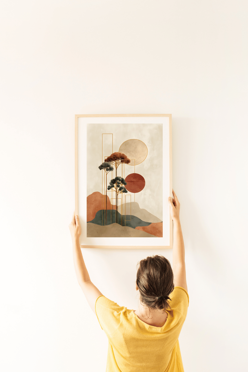 Minimalist Japanese Wall Art - Tranquil Abstract Landscape with Gold Accents