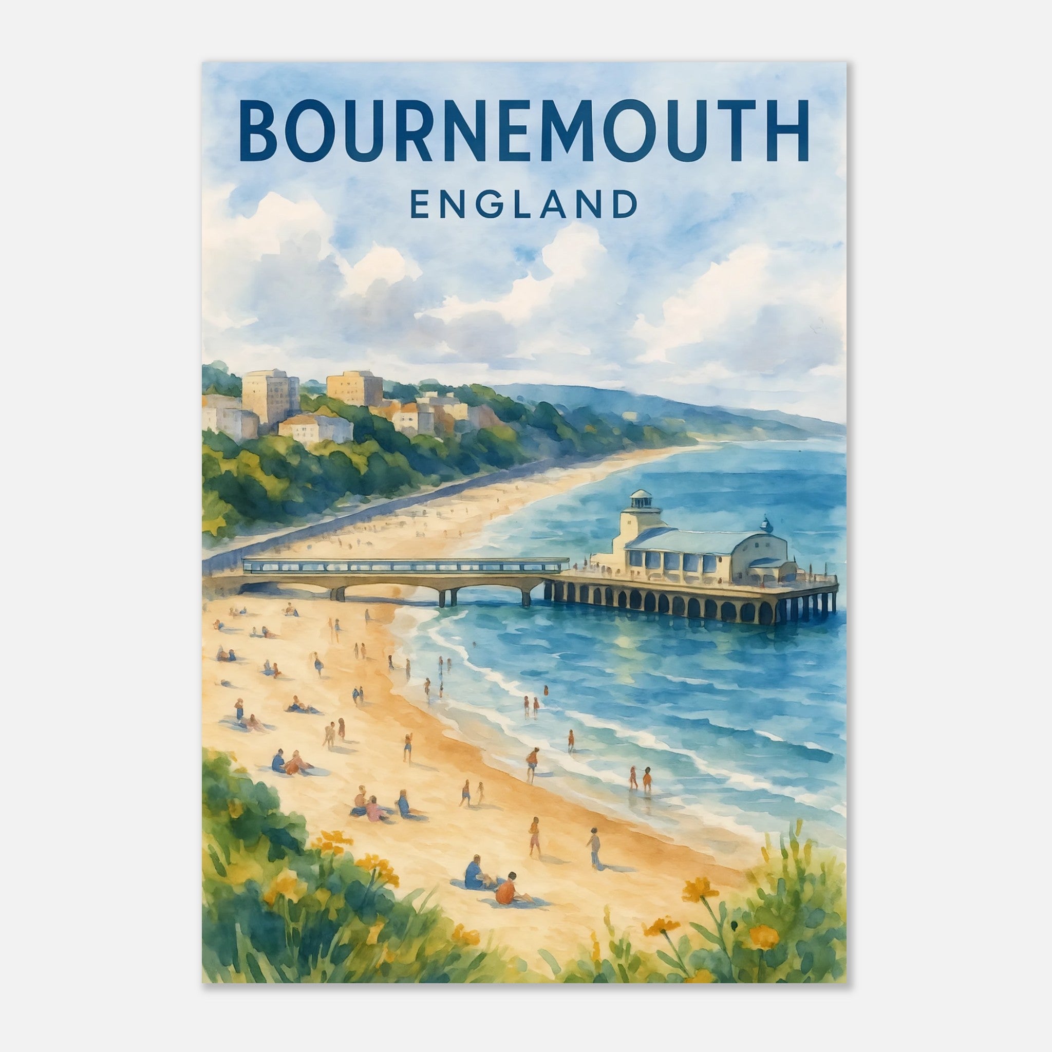 Bournemouth England Watercolor Poster: Dorset Travel Print, FSC Matte Paper 70x100 cm 28x40″