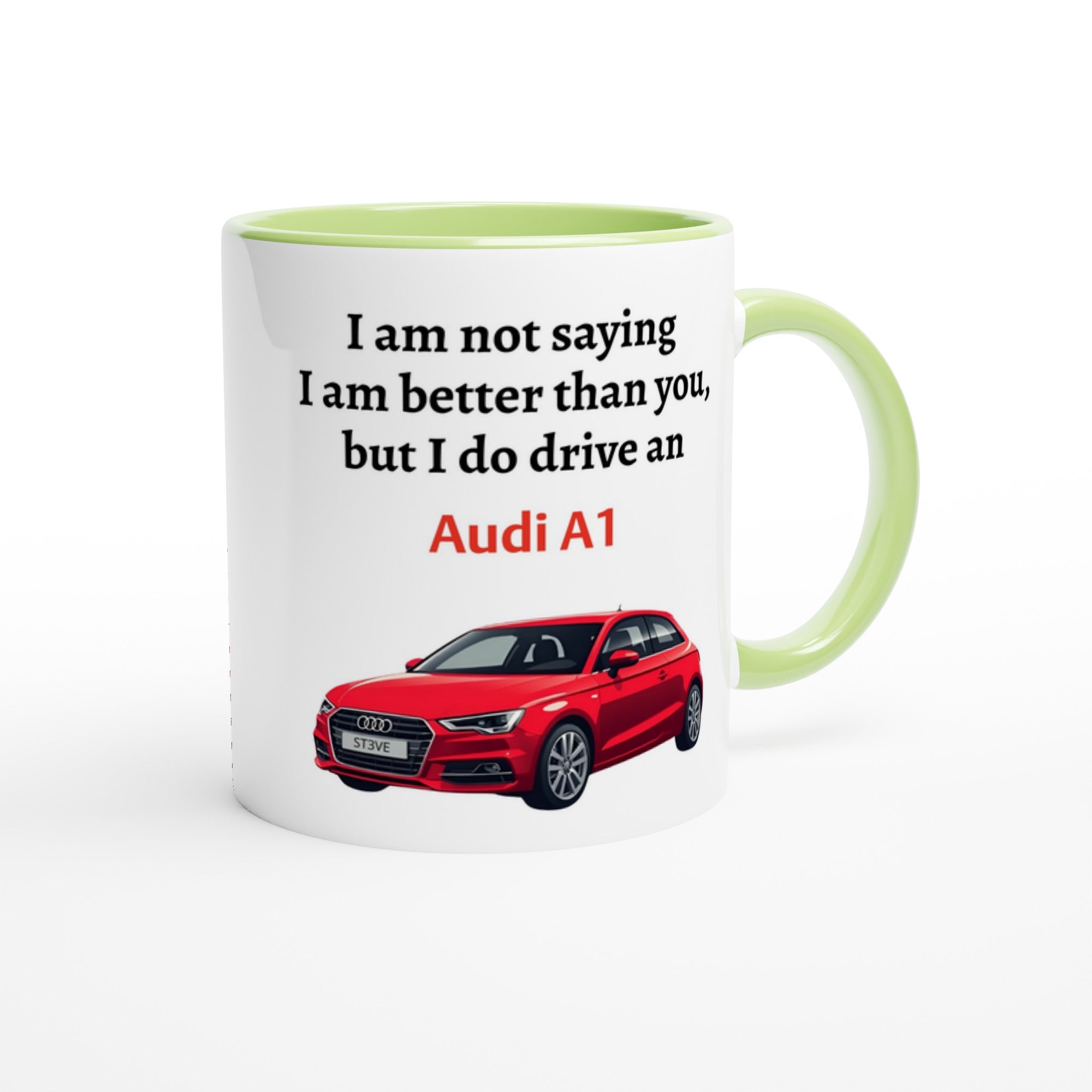 Personalized Audi A1 Mug - Custom Ceramic Coffee Cup for Car Lovers - 11oz Dishwasher Safe Ceramic Green