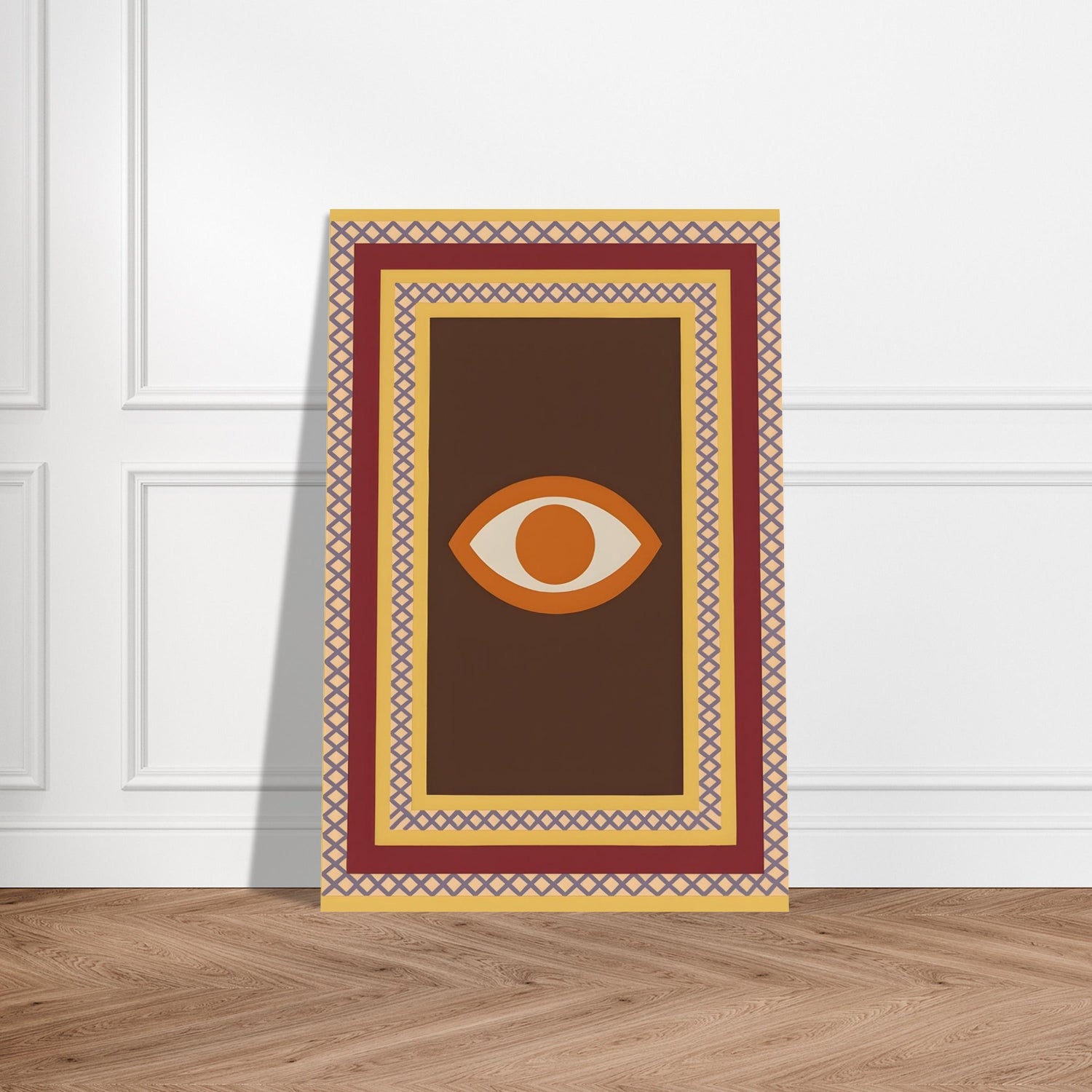 Azure Guardian – Evil Eye Folk Wall Art in Rich Earth Tones (A0, A1,A2, A3. A4 Poster) 30x45 cm 12x18″ Brown with Orange Eye