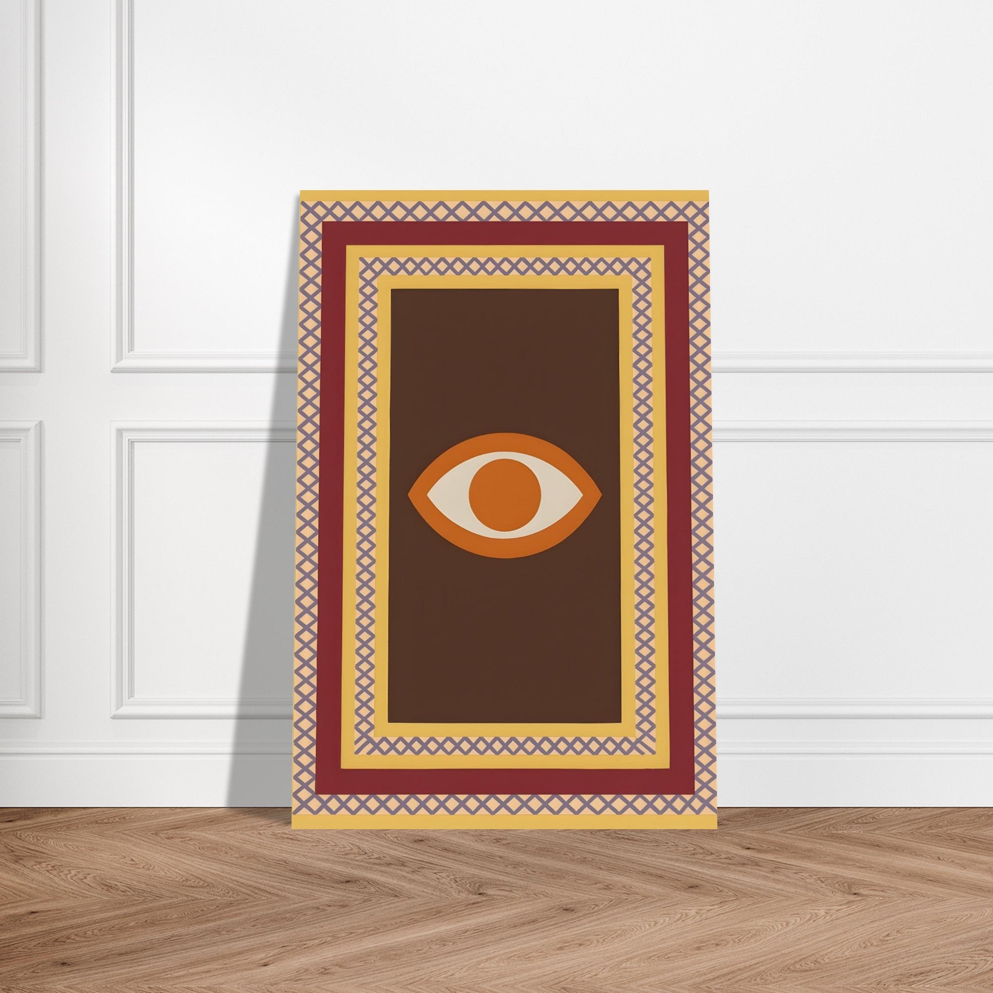 Azure Guardian – Evil Eye Folk Wall Art in Rich Earth Tones (A0, A1,A2, A3. A4 Poster) 30x45 cm 12x18″ Brown with Orange Eye