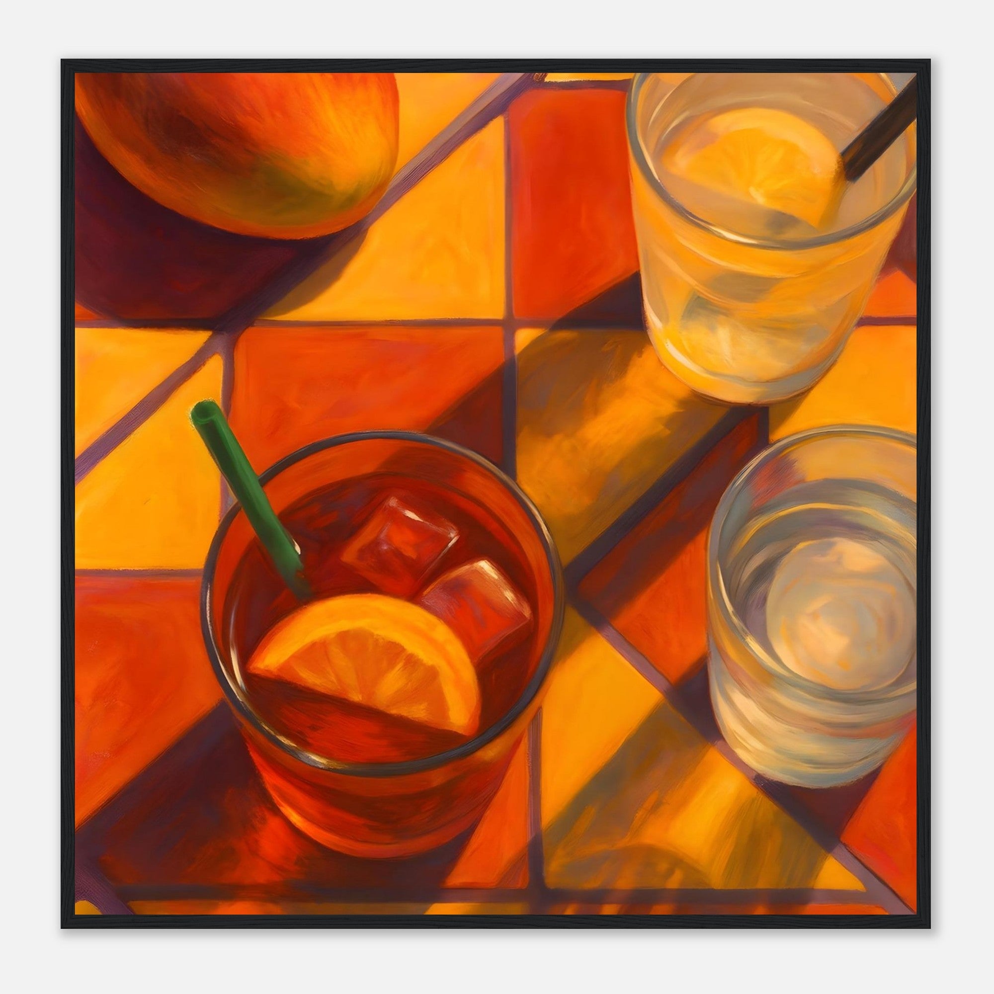 Vibrant Mango & Citrus Still Life Poster - Warm Tile Aesthetic Wall Art - Wooden Framed Poster