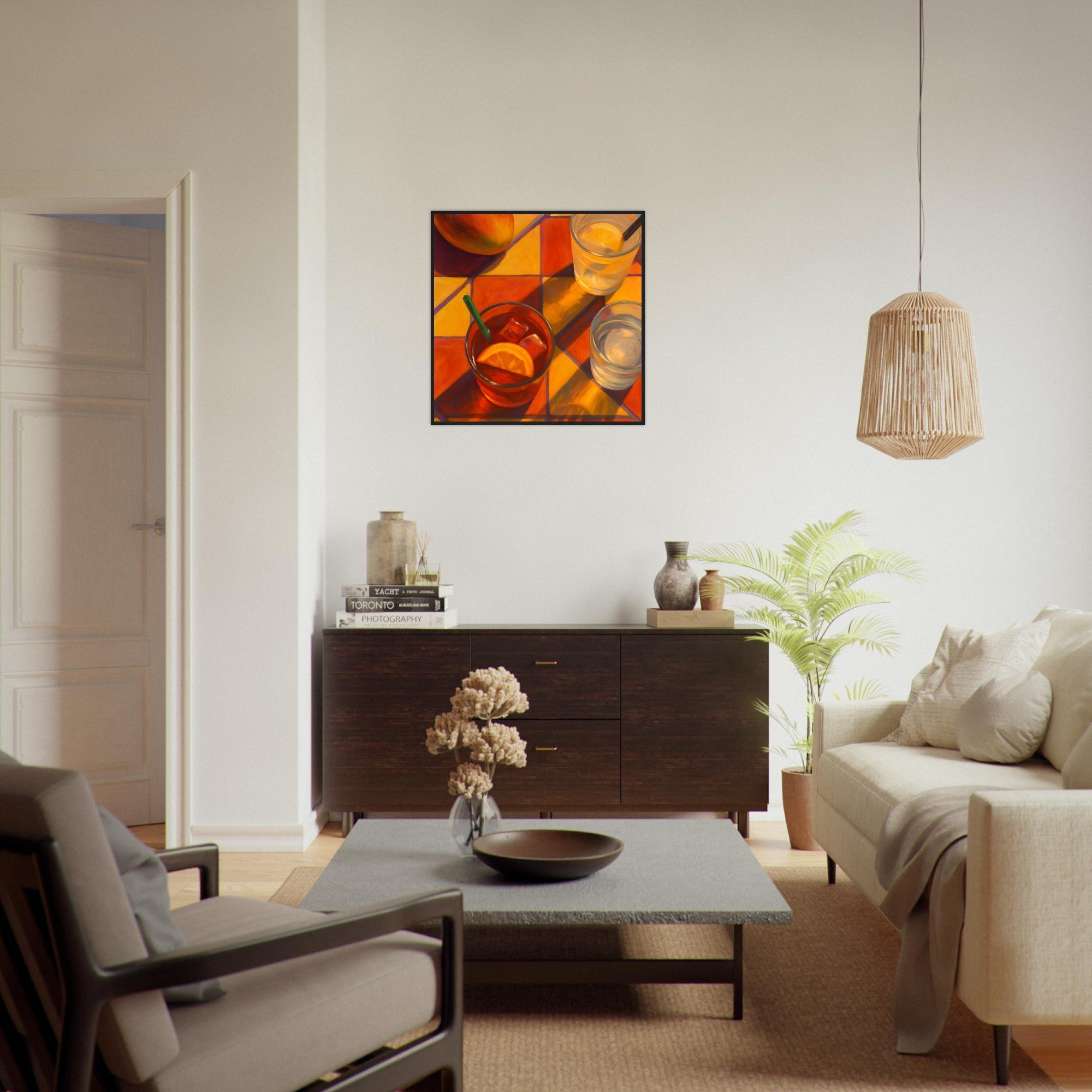 Vibrant Mango & Citrus Still Life Poster - Warm Tile Aesthetic Wall Art - Wooden Framed Poster