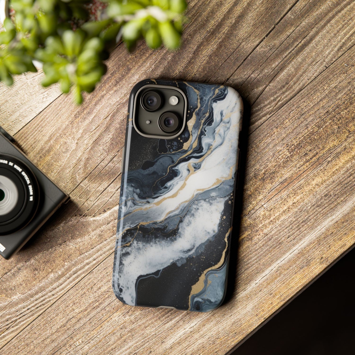 Celestial Marble Phone Case - Black & Gold Swirl Design