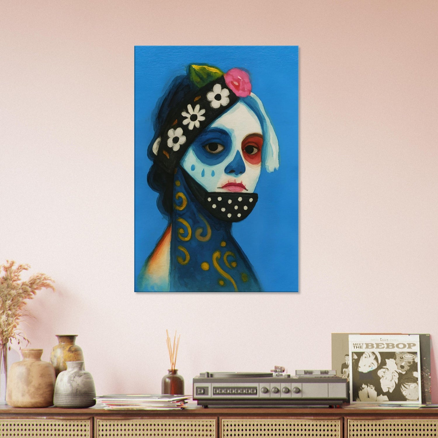 Day of the Dead Watercolor Canvas, Día de los Muertos Masked Woman Wall Art, Mexican Folk Art A3 Print, Skeleton Face Painting Slim Canvas