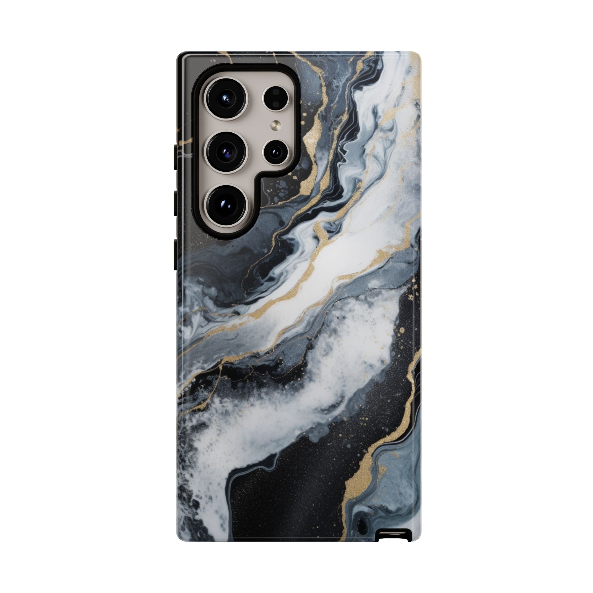 Celestial Marble Phone Case - Black & Gold Swirl Design Samsung Galaxy S24 Ultra Glossy