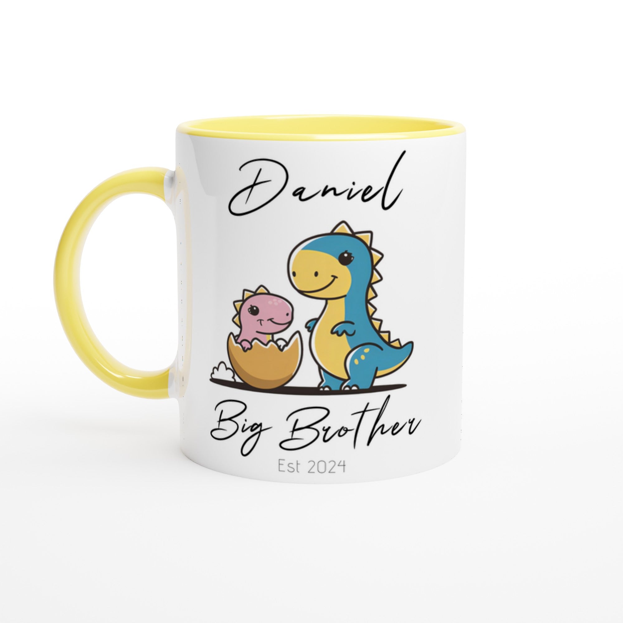 Personalized Dinosaur Big Brother Mug - Custom Name Printed Ceramic Cup | Pregnancy Announcement Gift 11oz Ceramic Yellow