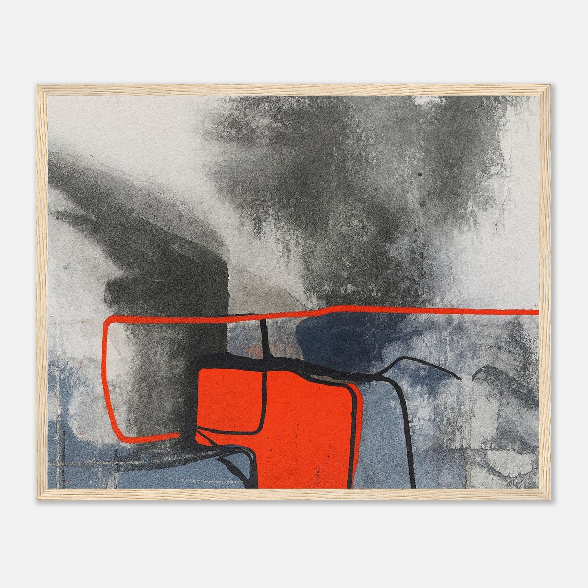 Urban Ember – Abstract Expressionist Print with Red Accents, Modern Art Poster, Moody Watercolor - Matte Wooden Framed 40x50 cm 16x20″ Wood frame