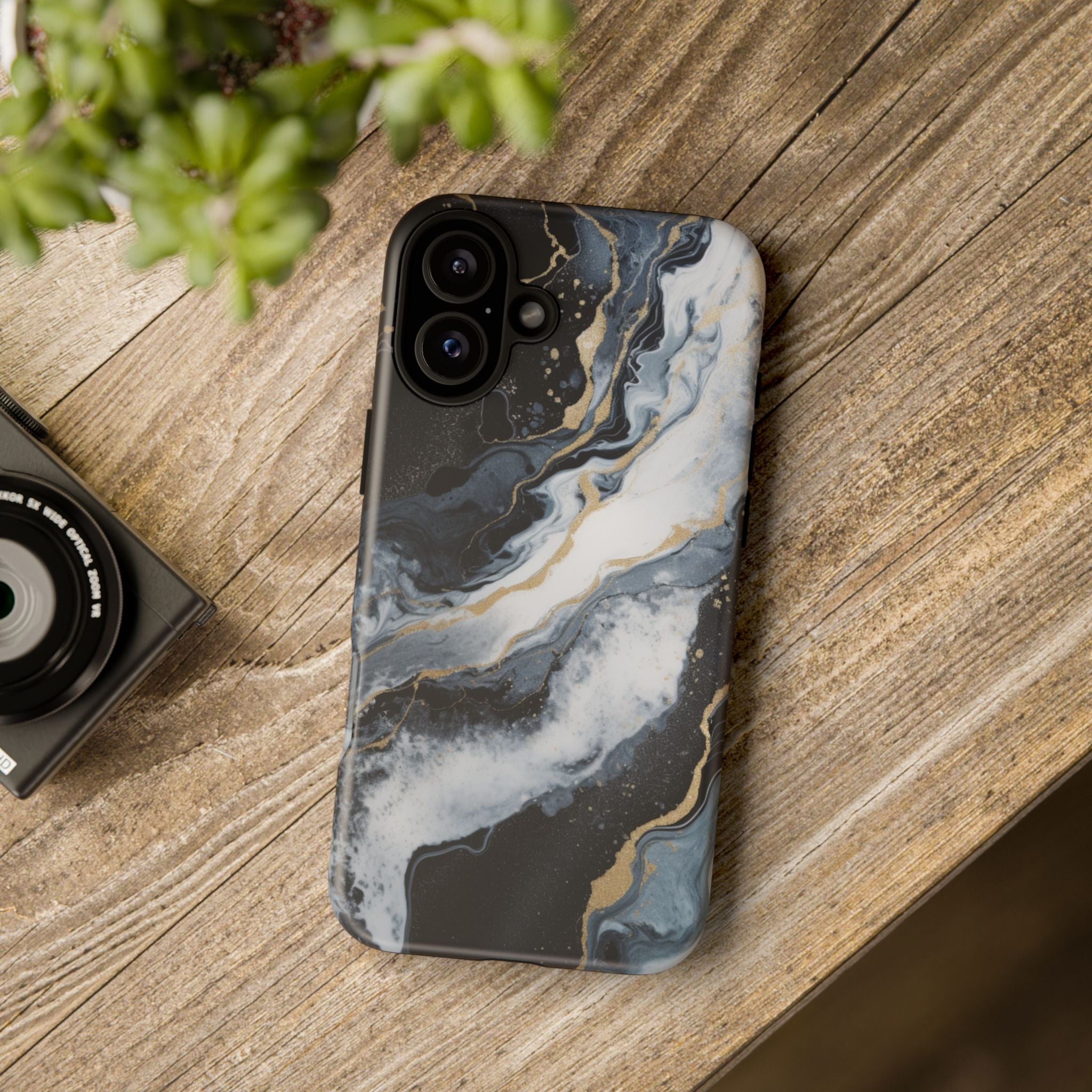 Celestial Marble Phone Case - Black & Gold Swirl Design