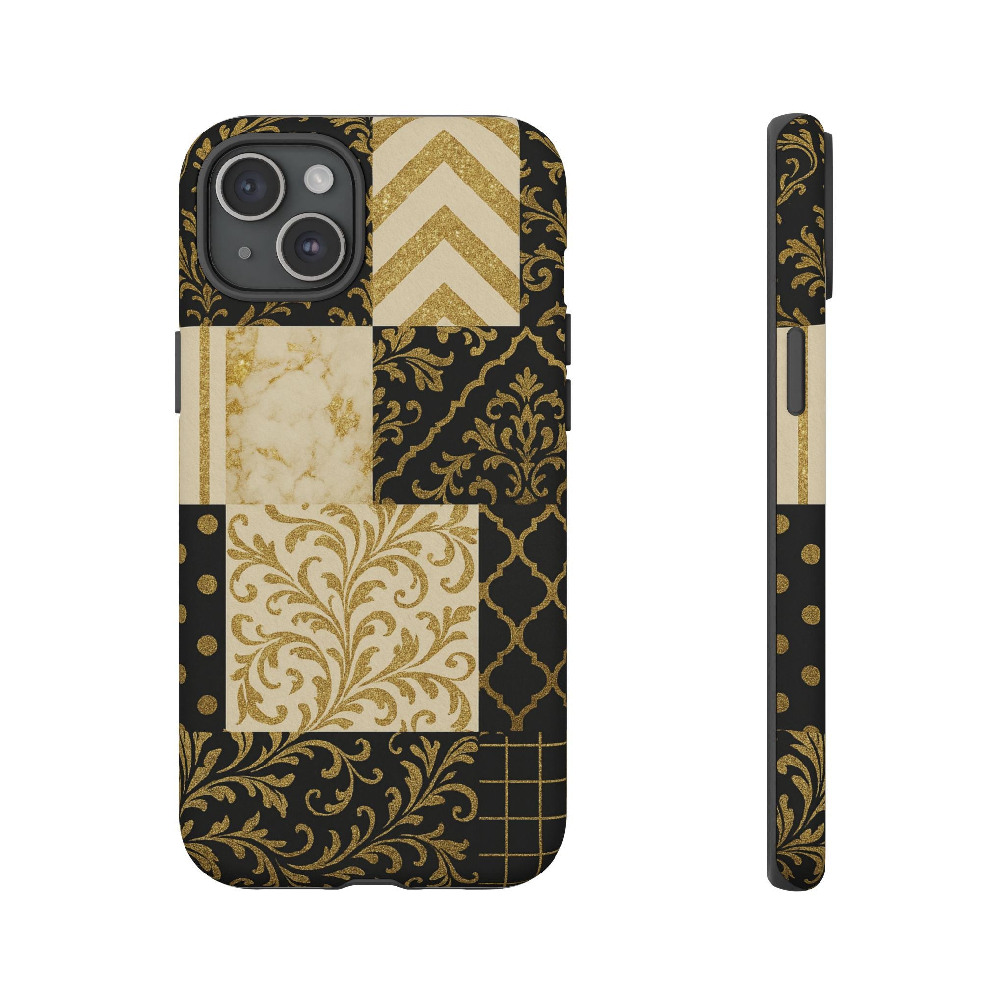 Phone Case, Luxury Black and Gold Festive Design for Christmas Gift, Holiday Decor, Tough Cases, Winter Celebration, Elegant iPhone Cover iPhone 15 Plus Matte